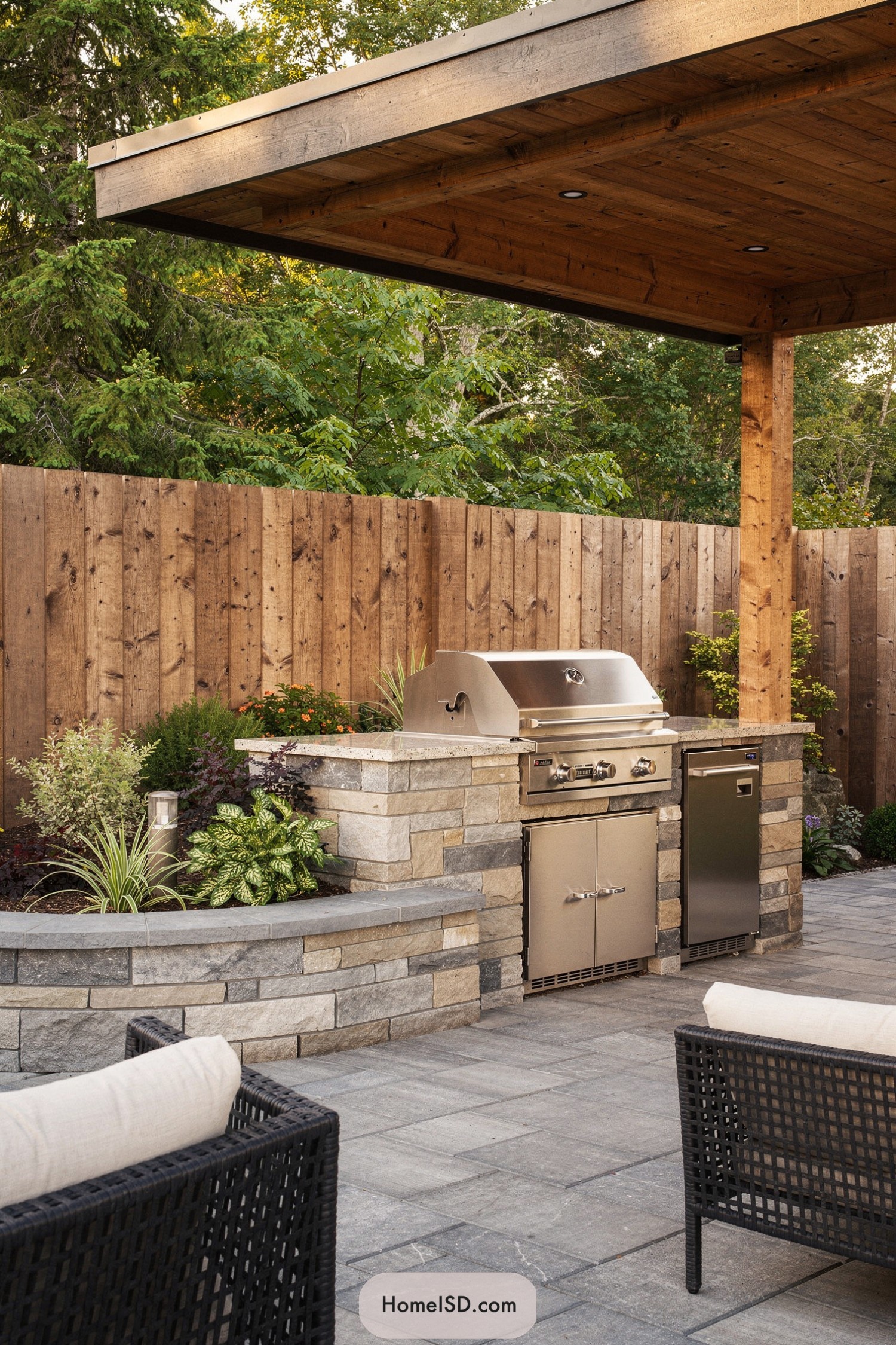 Covered outdoor grill station with stone base and wood pergola