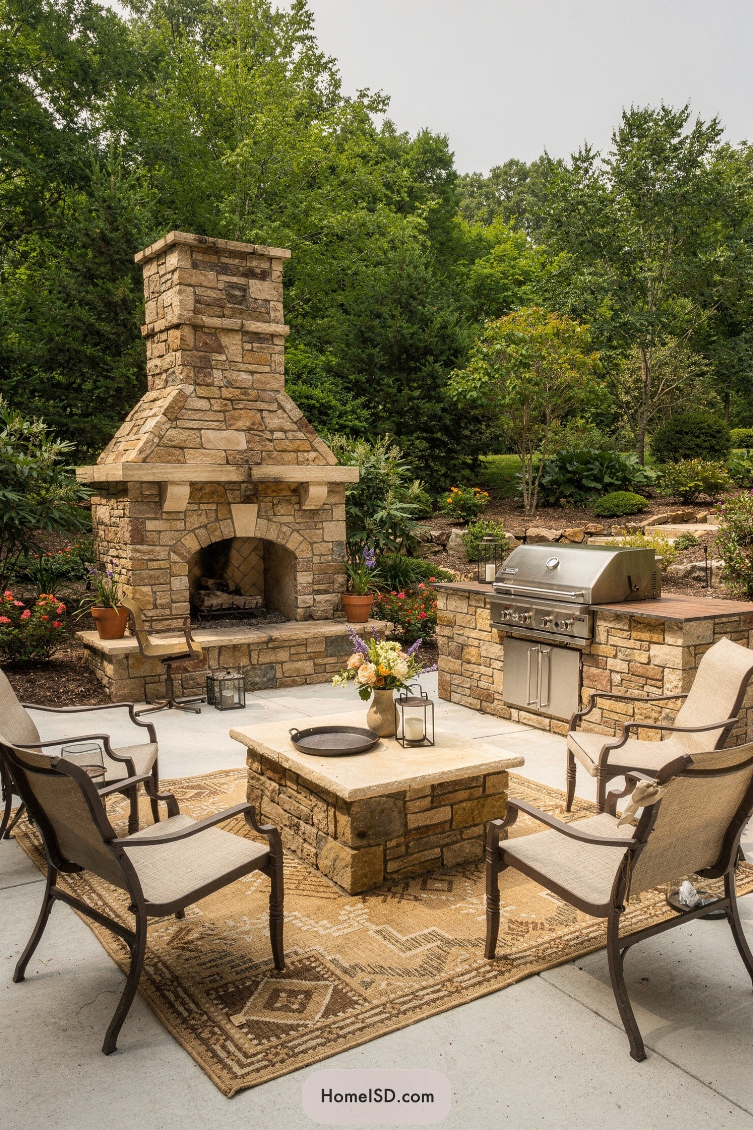 Outdoor stone fireplace and built-in grill