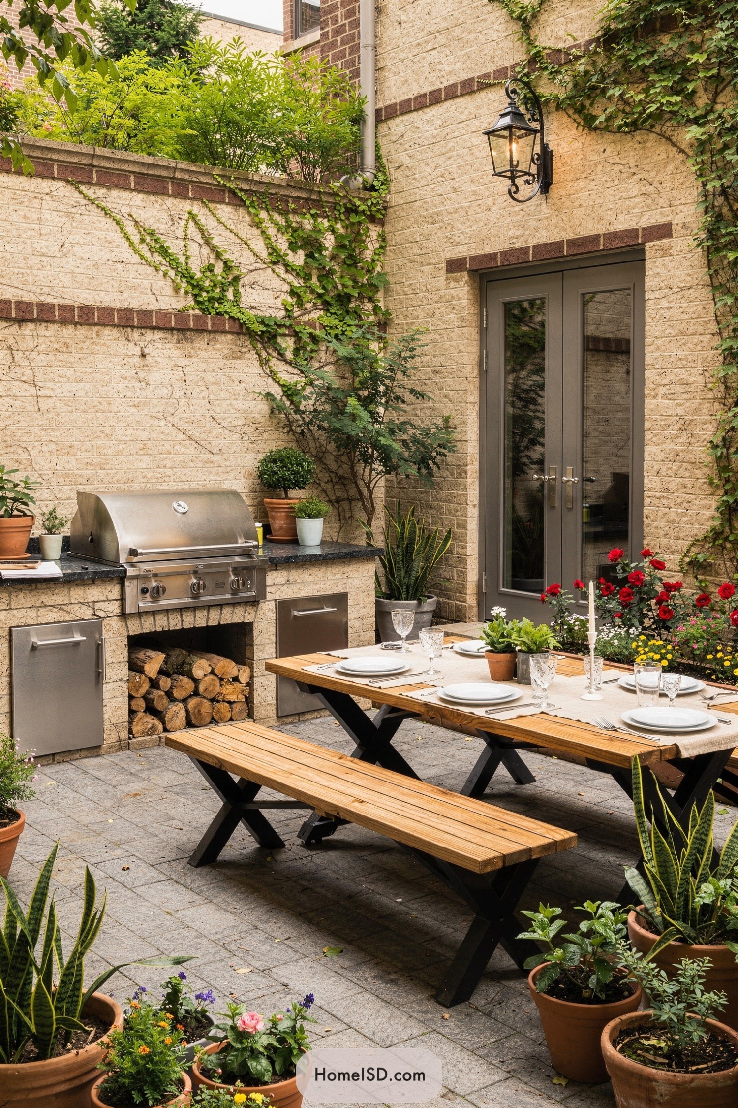 Charming courtyard patio with built-in grill and wooden dining table