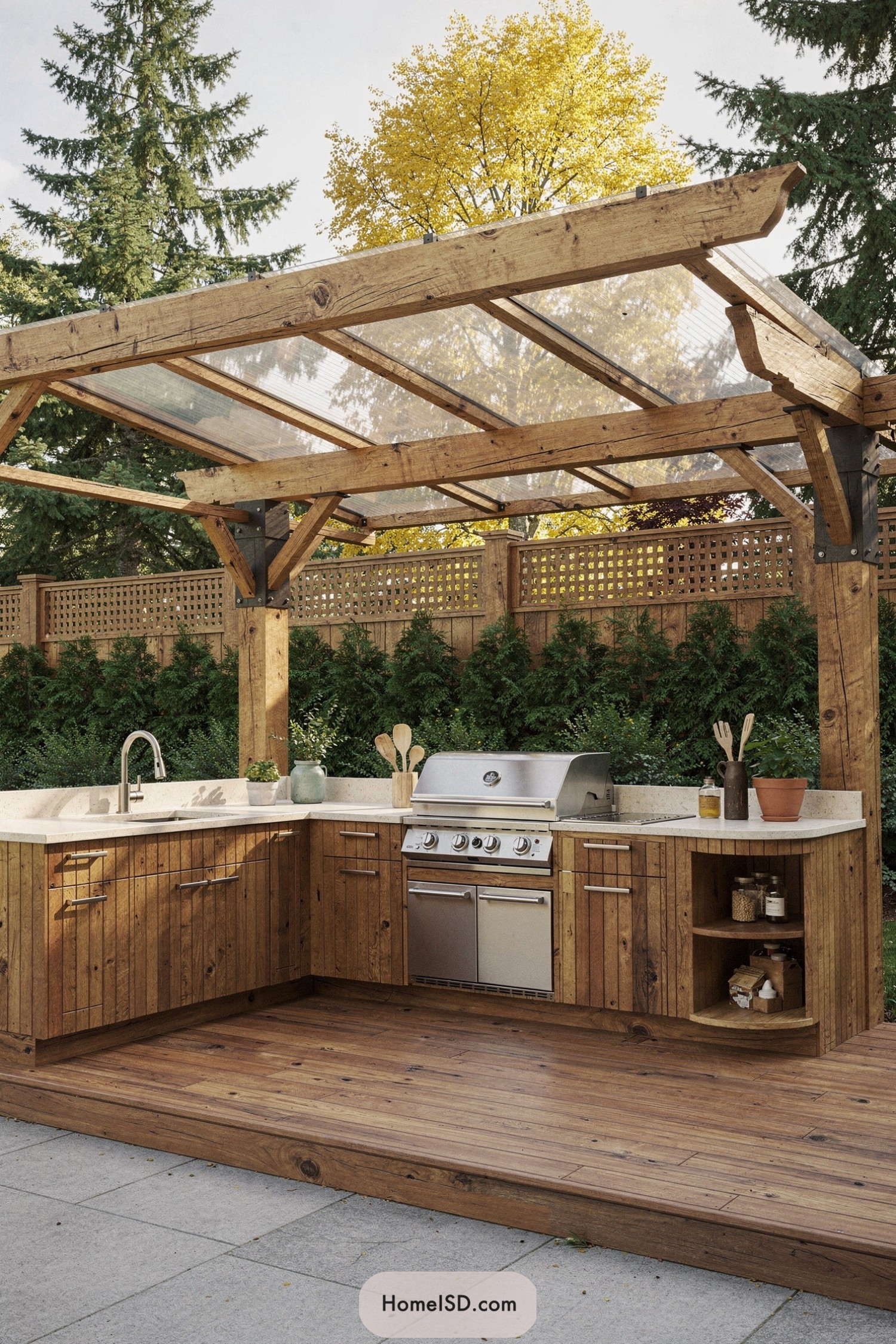 Outdoor wood pergola kitchen with grill and sink