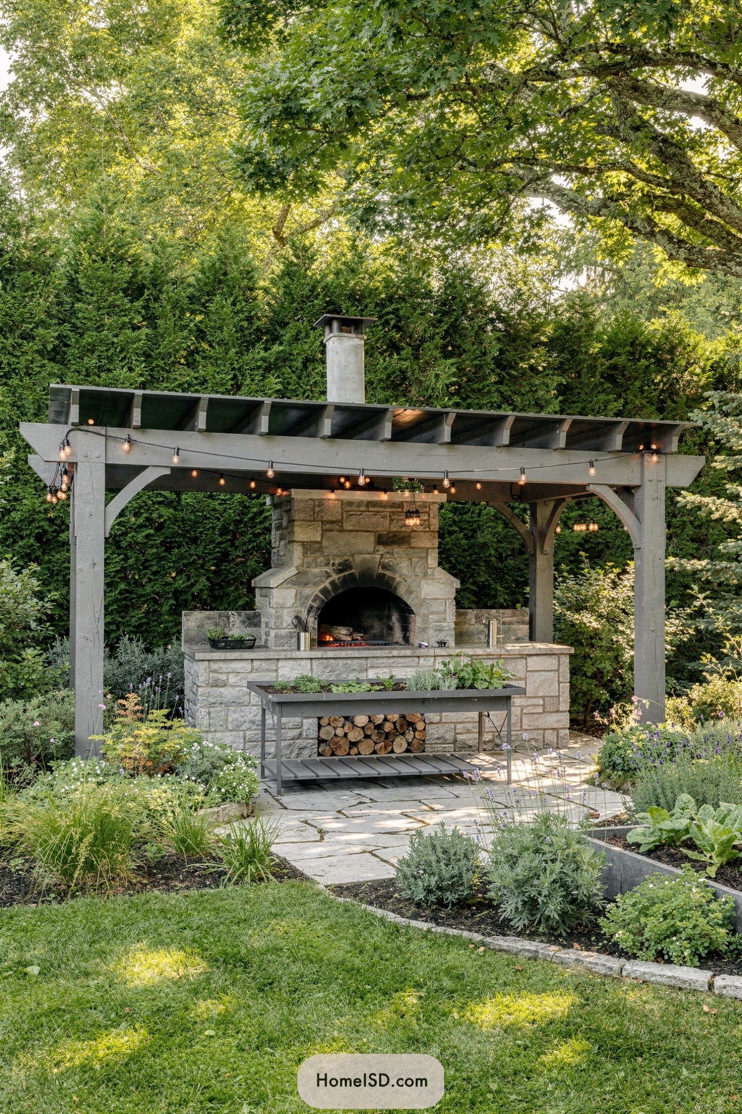 Covered stone outdoor fireplace with pergola and surrounding garden beds