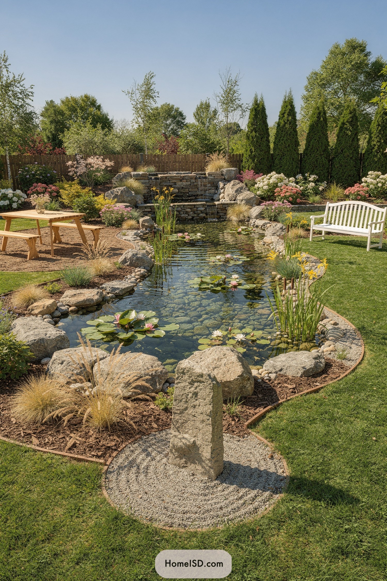 Long garden pond with rock waterfall and lilies