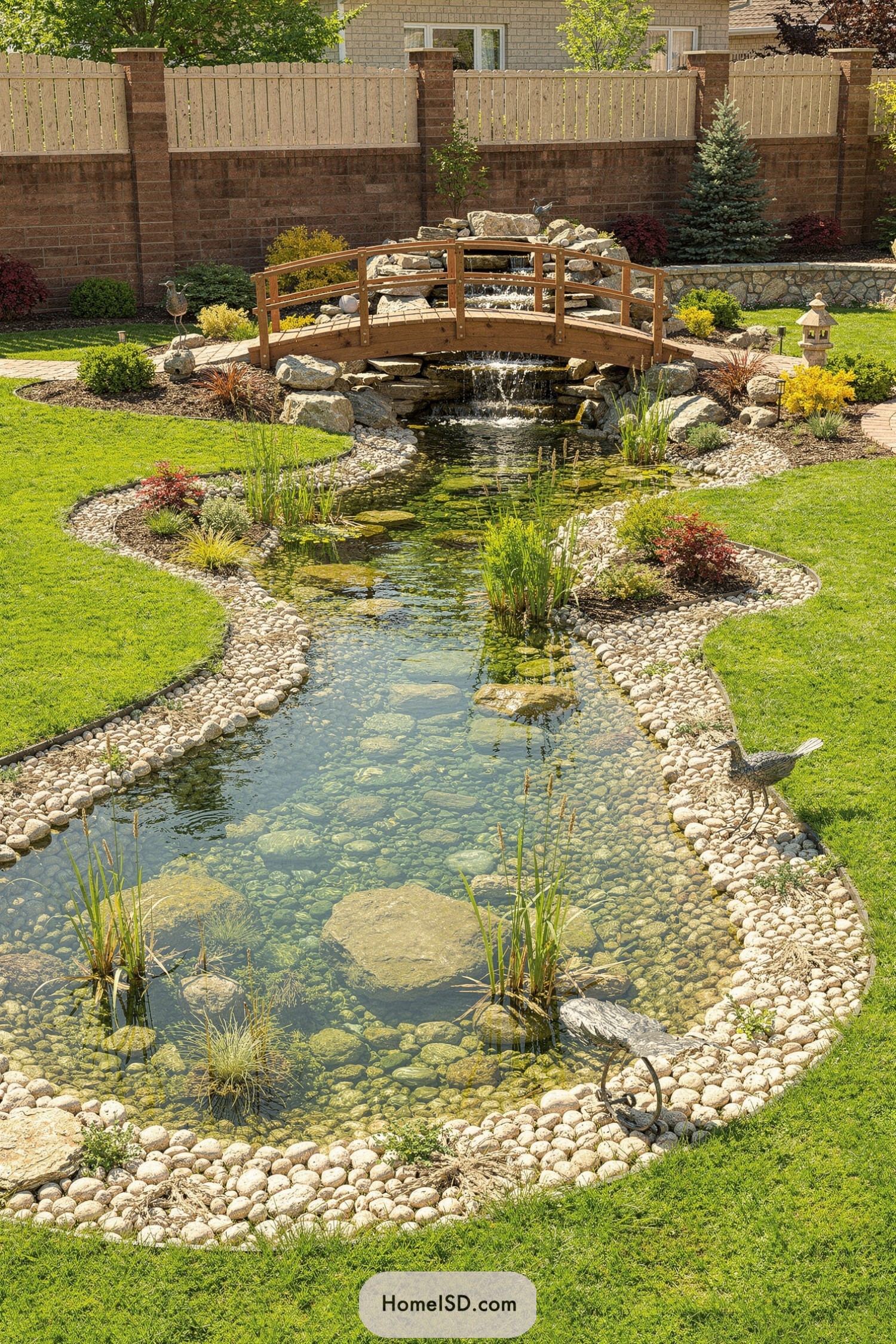 Curved backyard pond with wooden bridge and waterfall