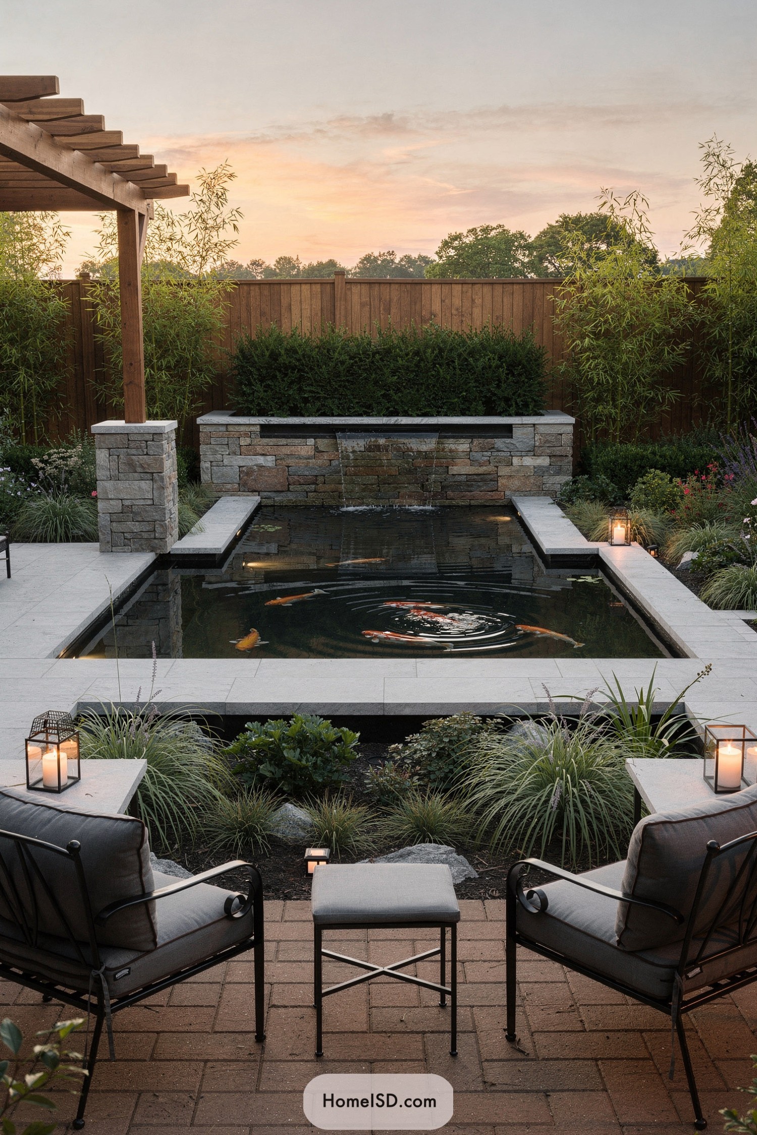 Modern backyard koi pond with waterfall
