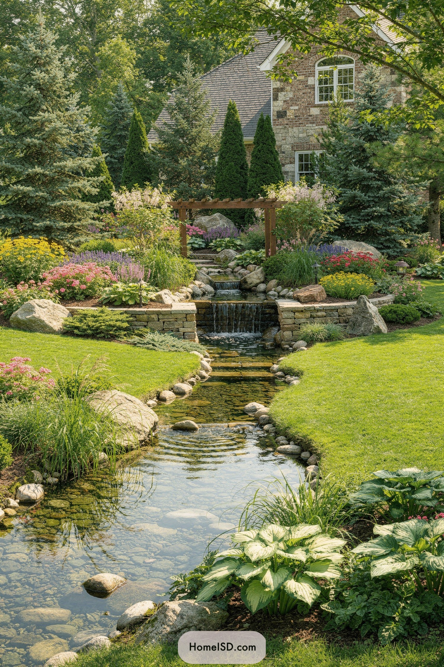 Backyard stone-edged stream with small waterfall, wooden pergola, and colorful flower beds around a brick house