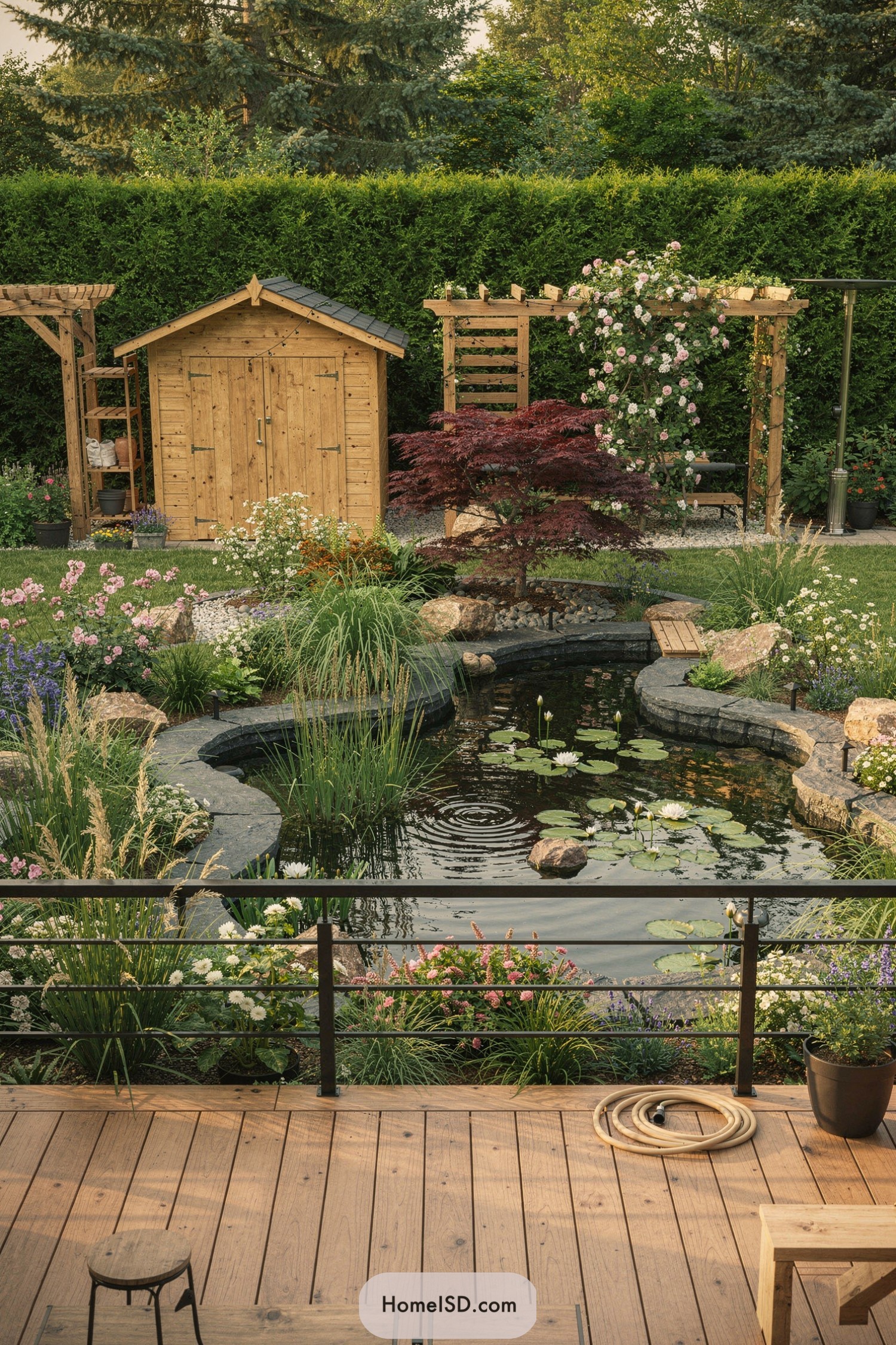 Backyard pond with wooden deck, shed, and rose-draped pergolas