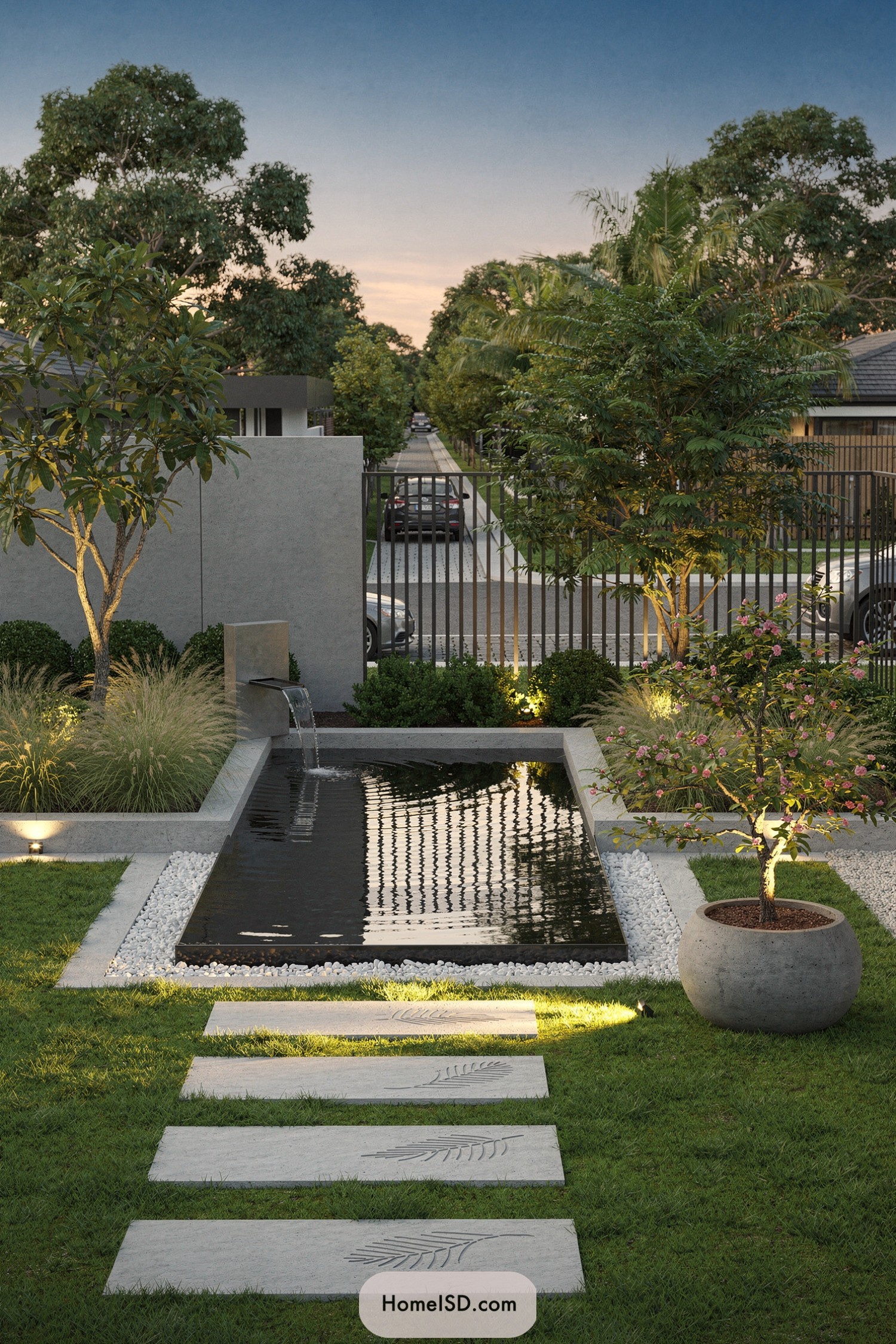 Modern front yard rectangular pond with slim fountain and concrete stepping stones