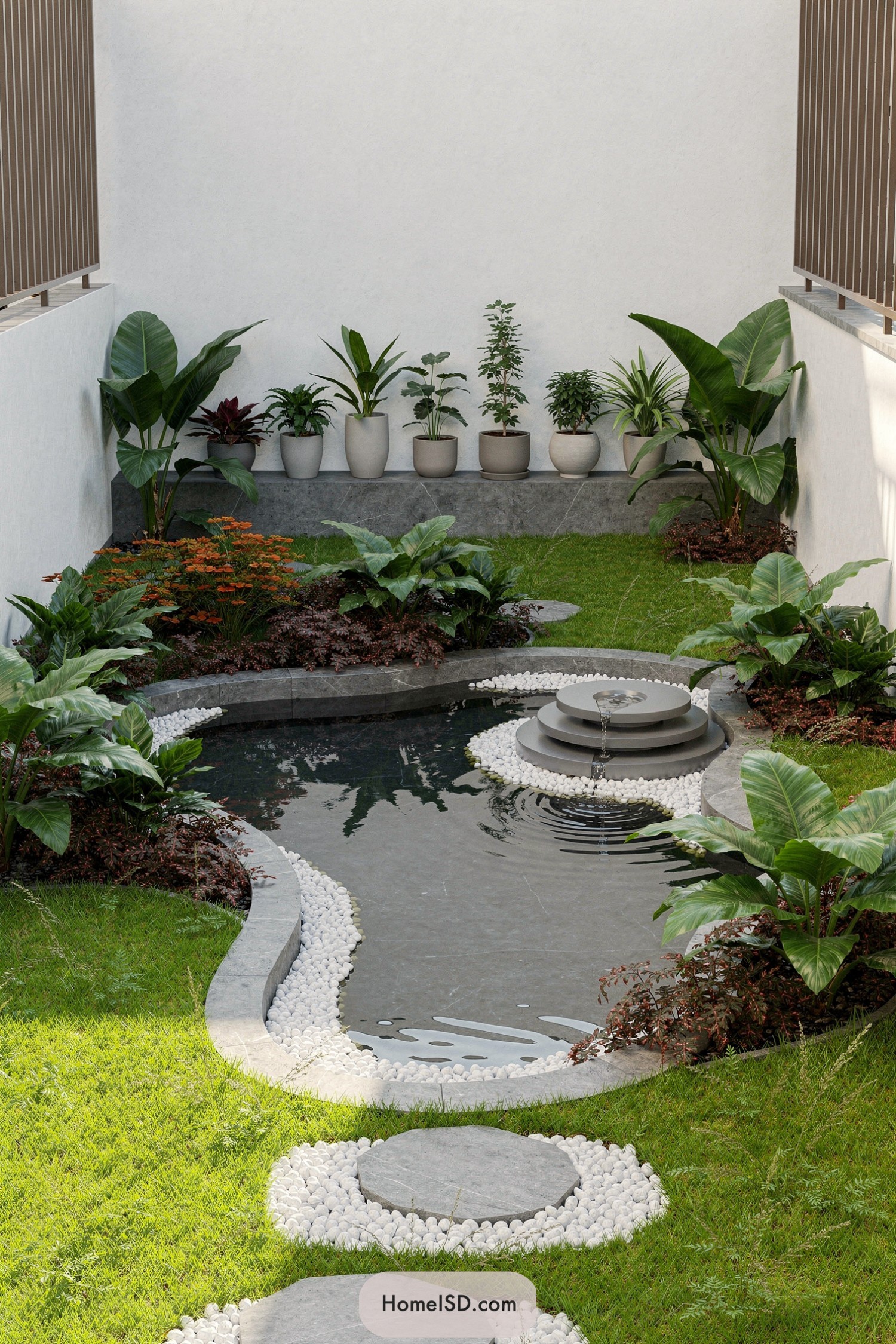 Minimalist courtyard pond with tiered round fountain and lush greenery