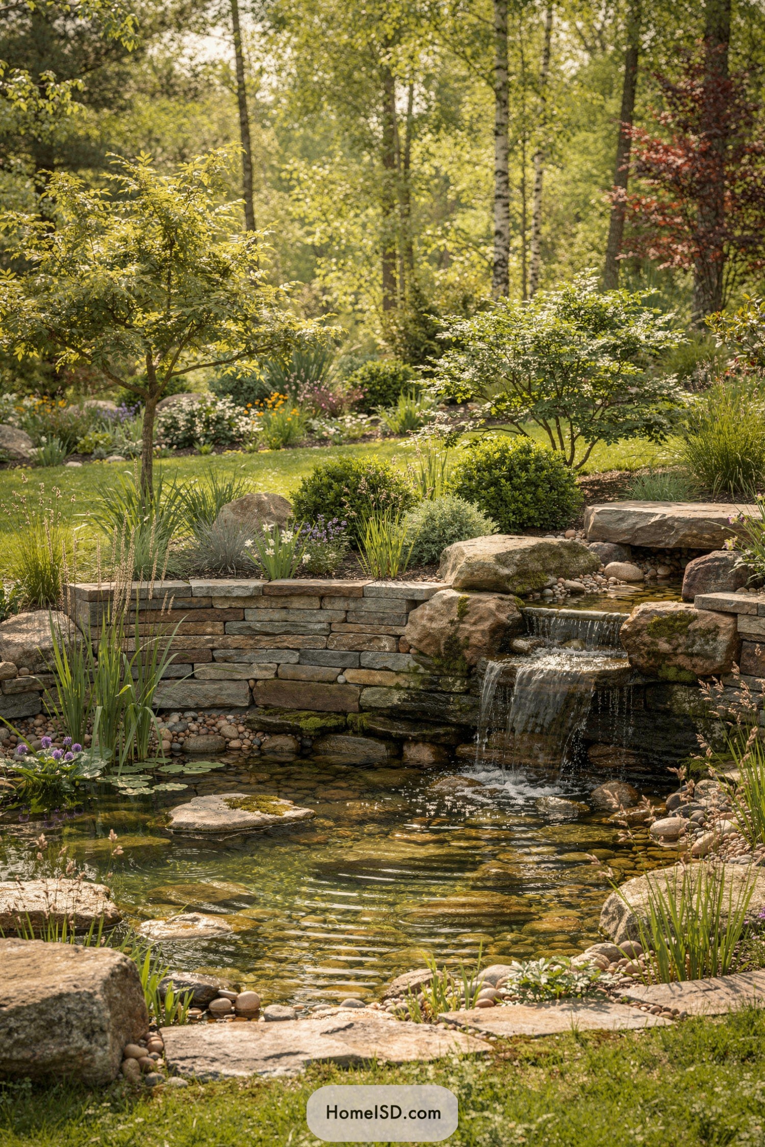 Natural stone garden pond with small waterfall