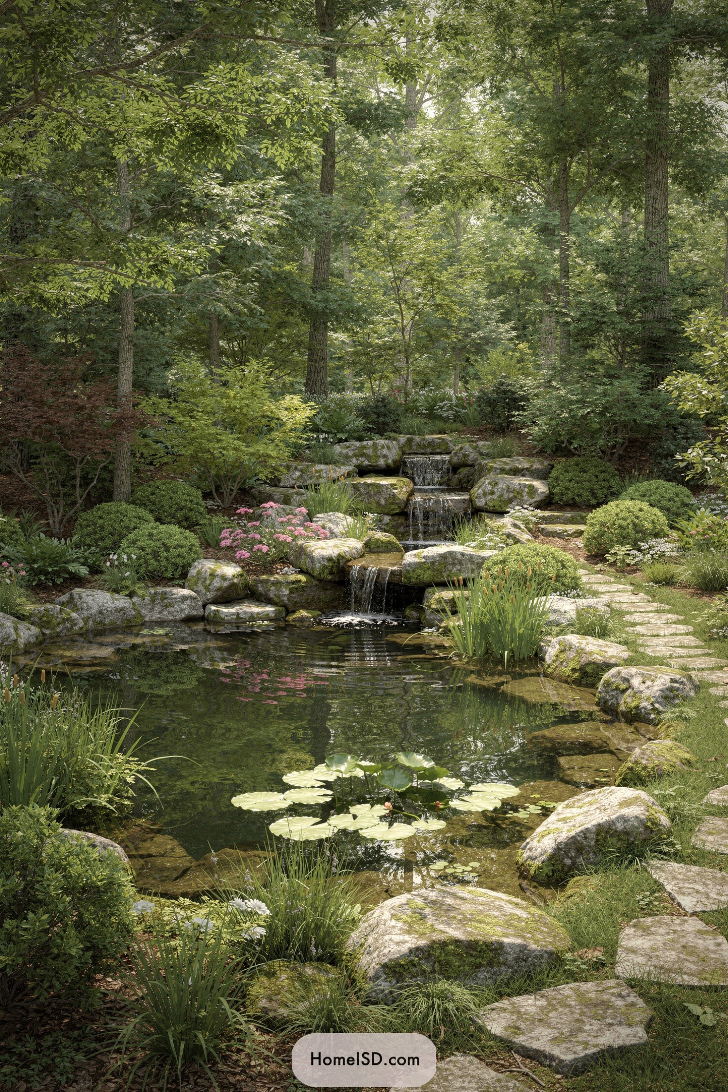 Woodland garden pond with stone waterfall and stepping path