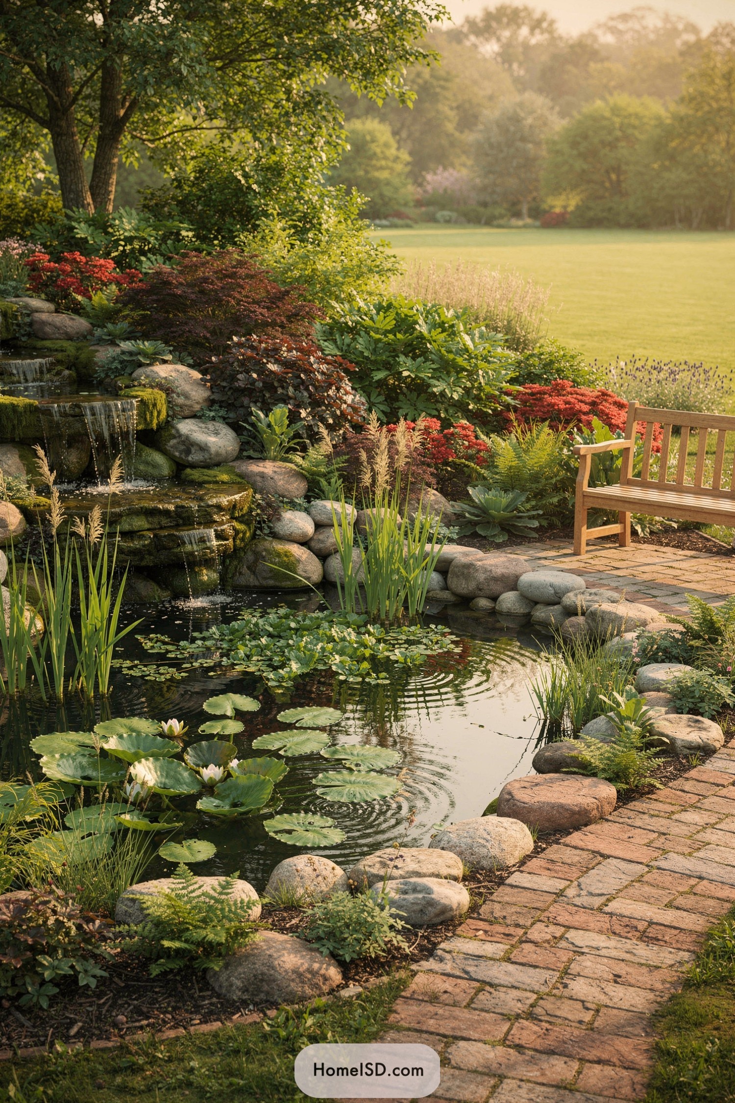 Backyard pond with stone waterfall and bench