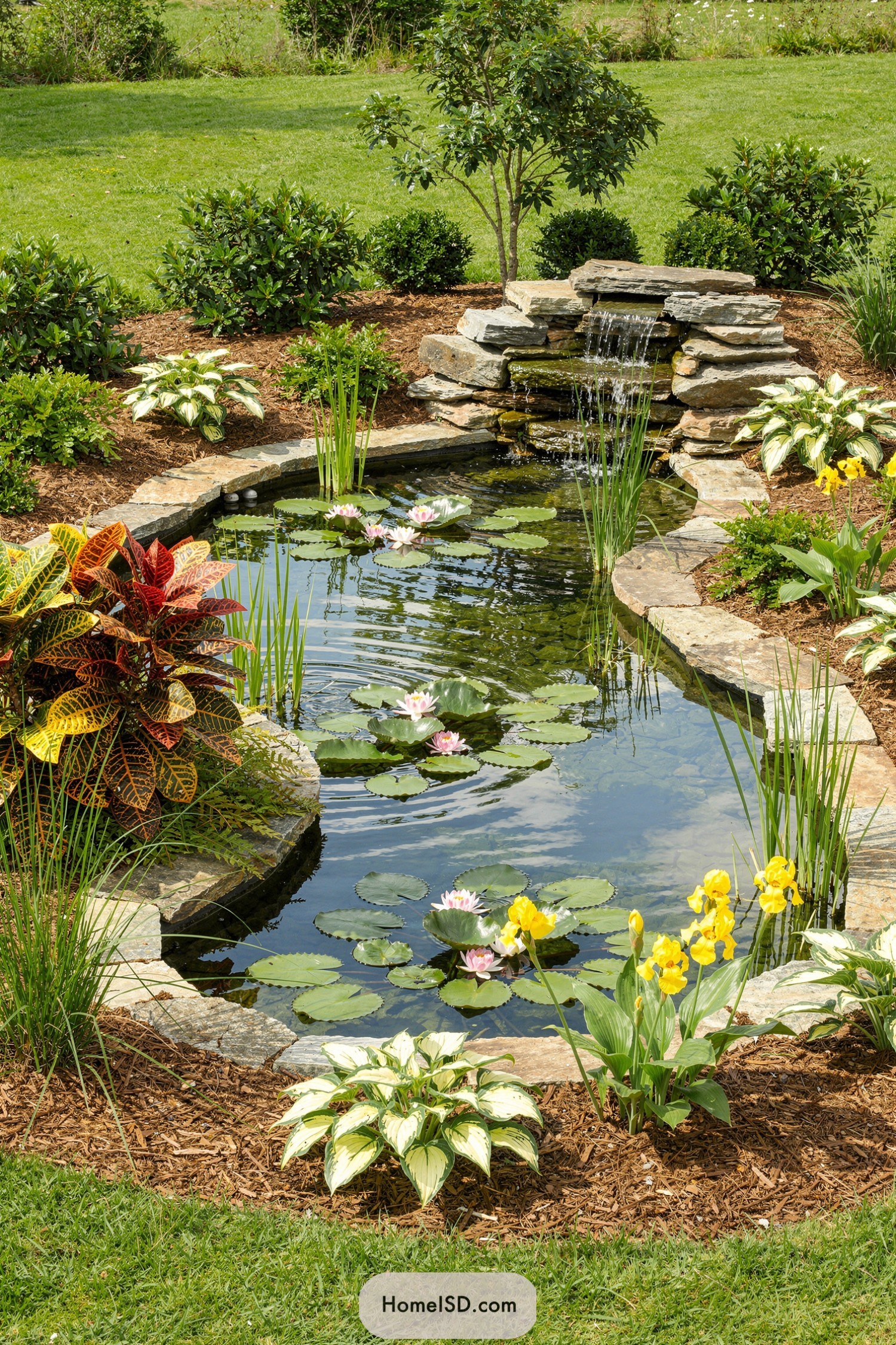 Backyard pond with stone waterfall lilies and colorful border plants