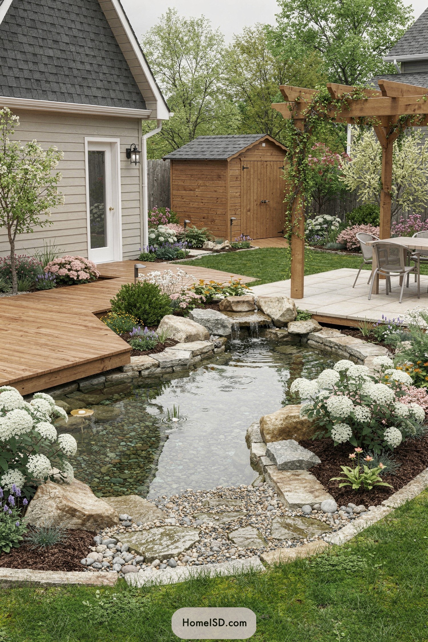 Backyard pond bordered by flowers and deck