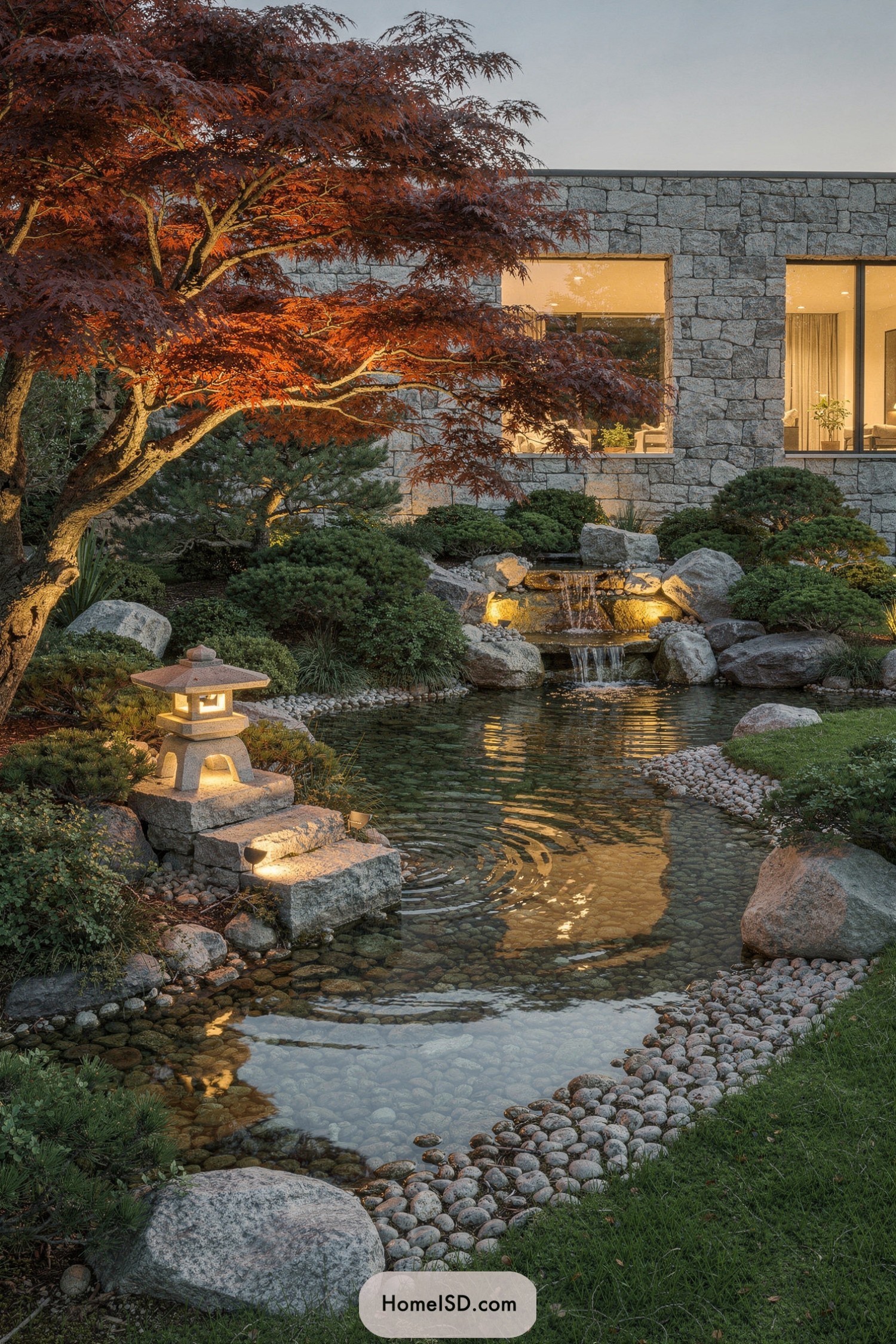 Japanese-inspired backyard pond with maple tree and stone lantern at dusk