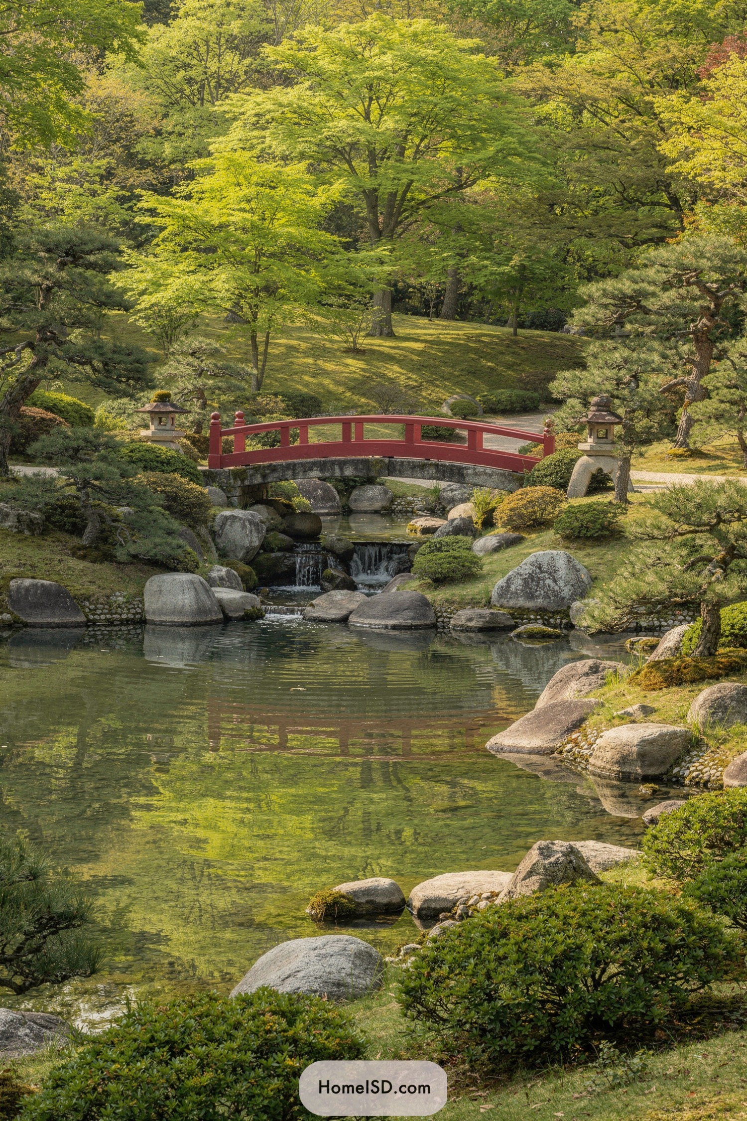 Red arched bridge spanning a tranquil garden pond with rocks, shrubs, and tall trees