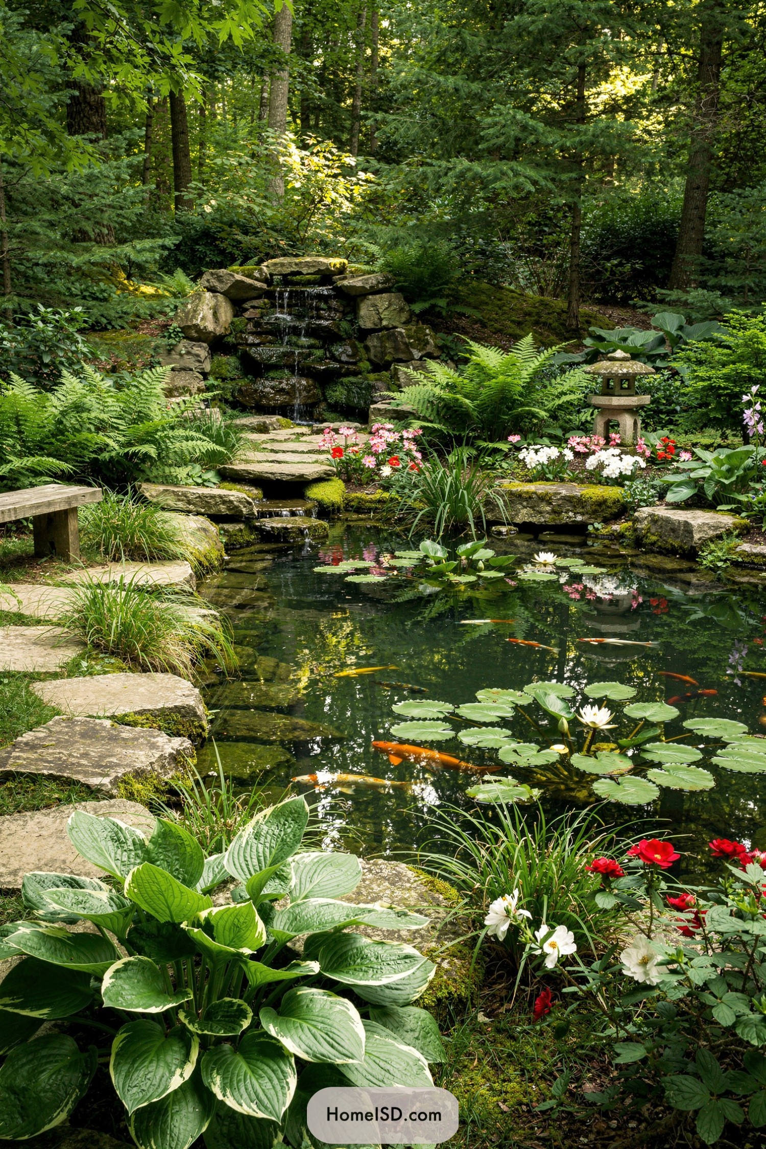 Woodland koi pond with waterfall and stone path