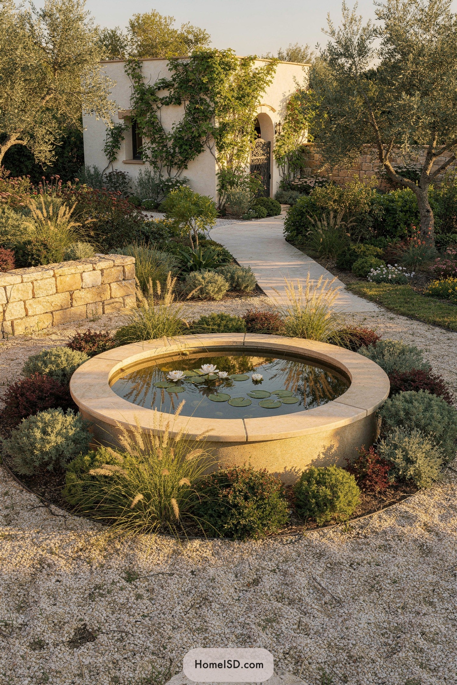 Round stone pond with lilies in Mediterranean-style garden