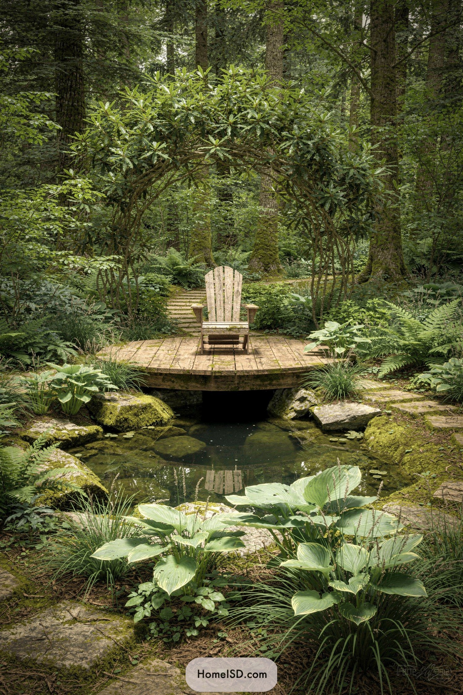Woodland pond with circular deck and rustic chair beneath a leafy arch