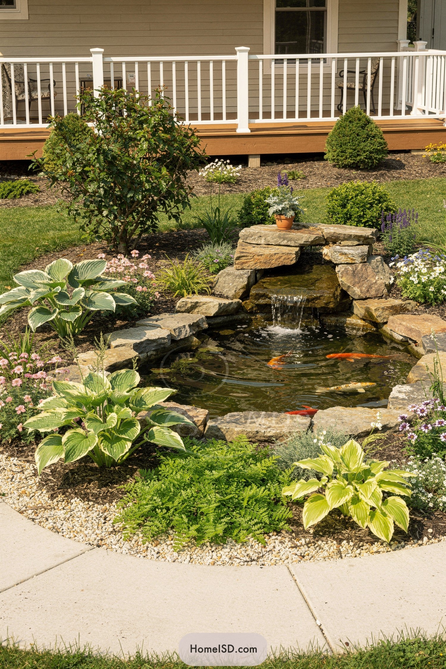 Small backyard koi pond with stone waterfall and surrounding plantings beside a porch