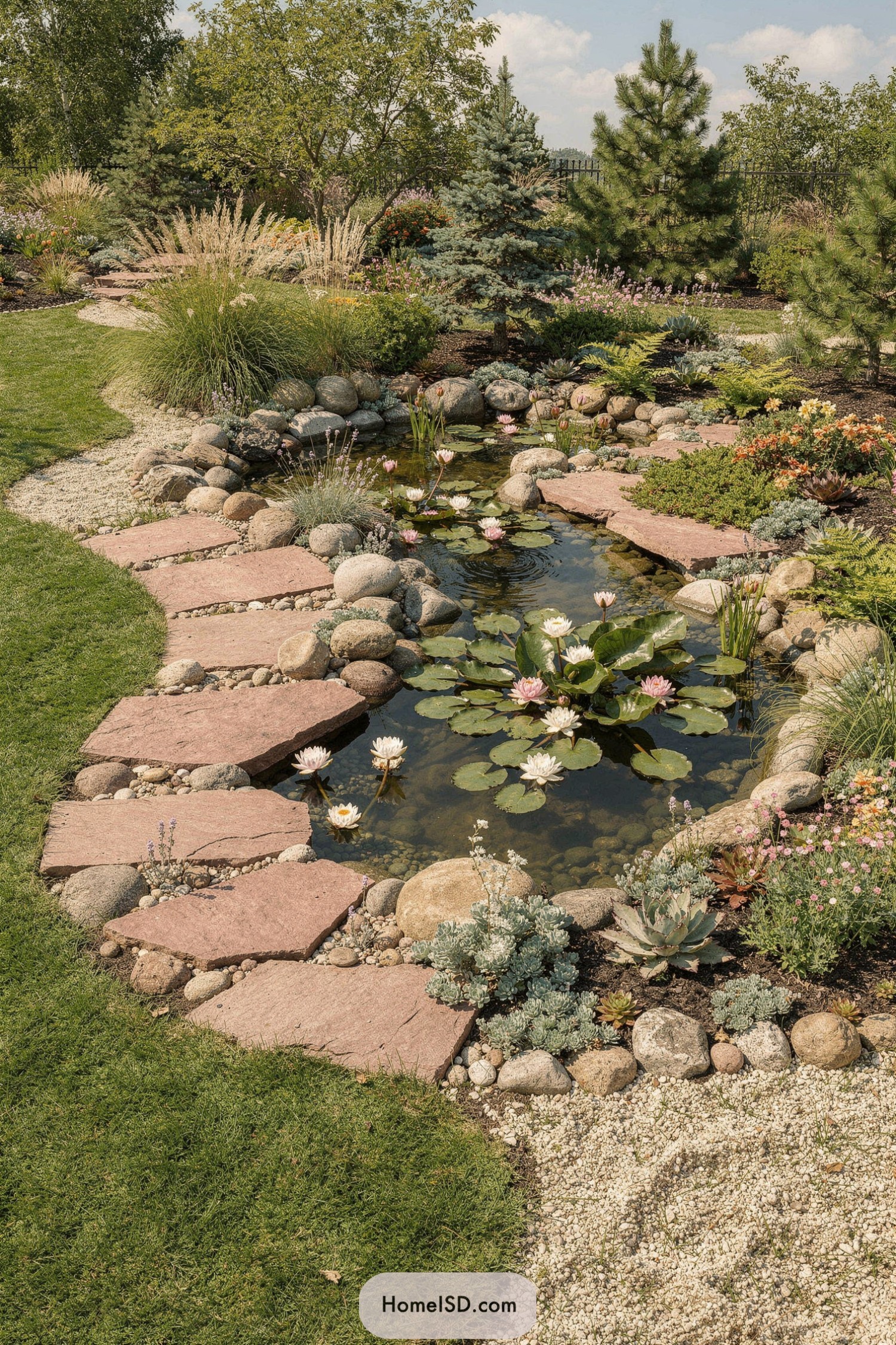 Curved stone path beside a naturalistic garden pond with lilies and mixed plantings
