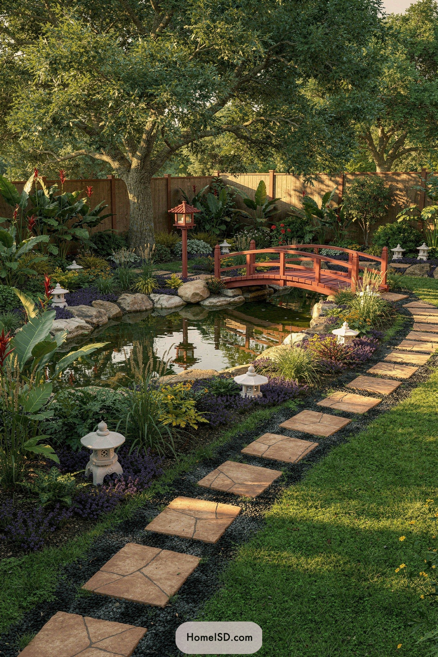 Backyard pond with red bridge and stone path