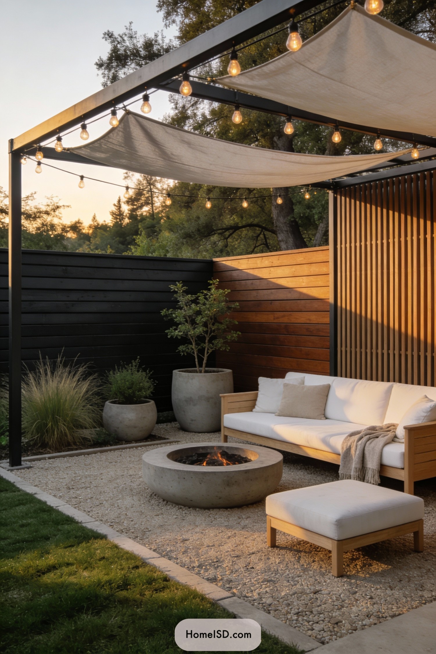 Modern patio with concrete fire pit, wood seating, and string lights under fabric shades
