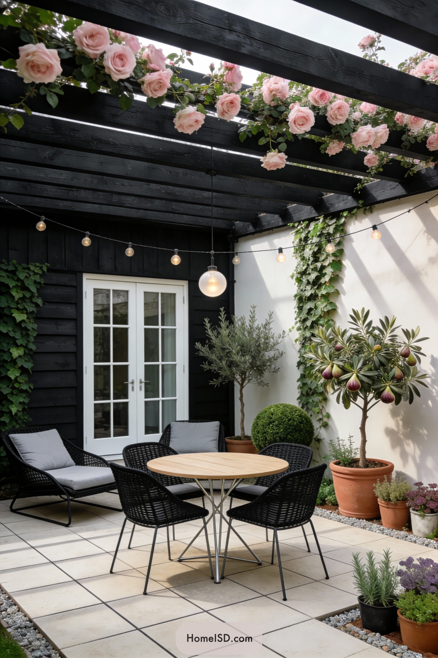 Black pergola courtyard with roses and bistro seating