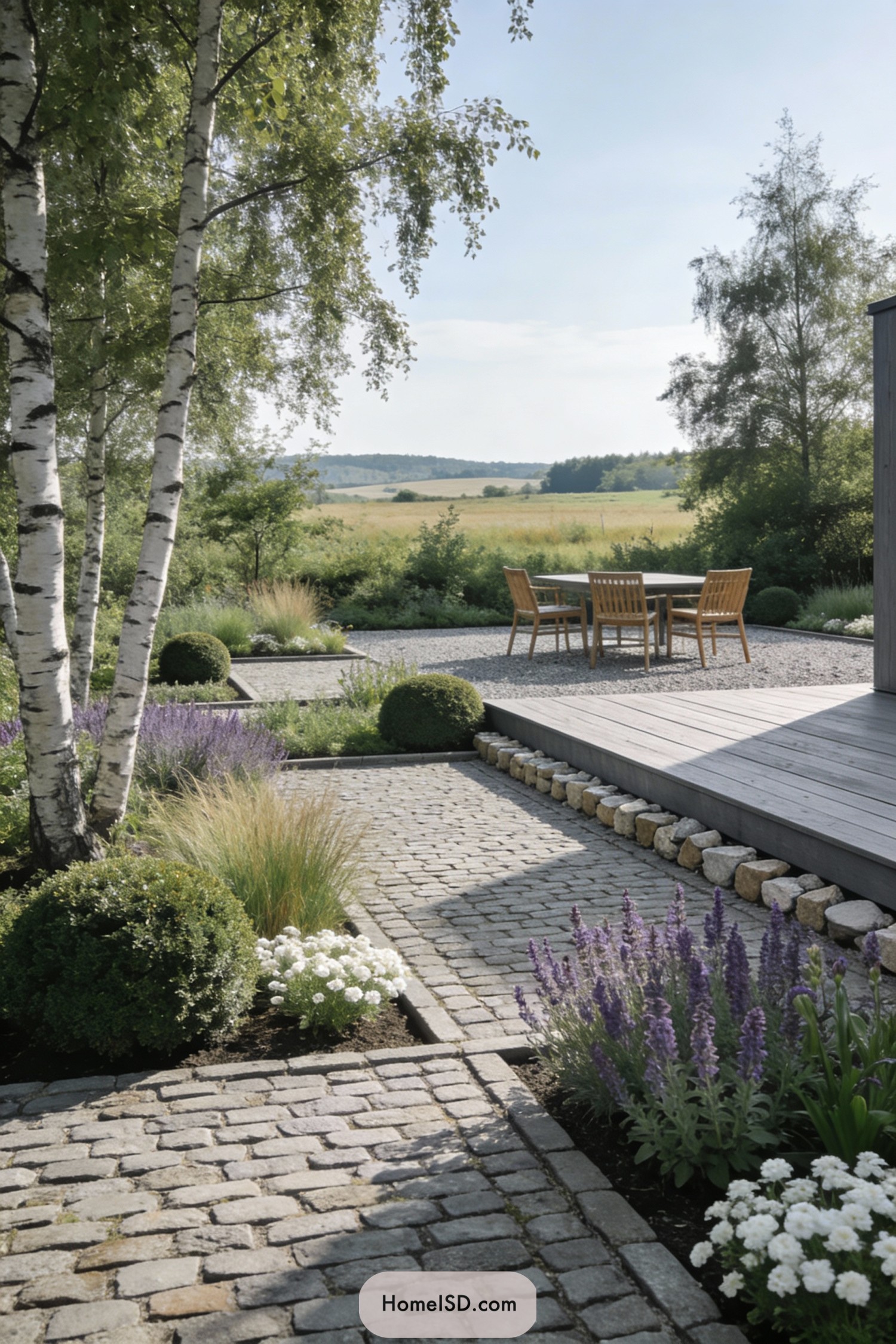 Scandinavian garden with birch trees, cobblestone paths, gravel court, and a wooden dining set overlooking open fields