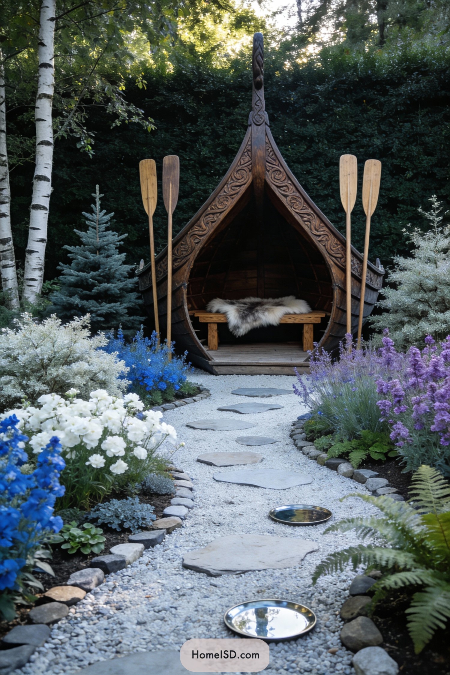 Viking-style wooden garden shelter with flower-lined stone path