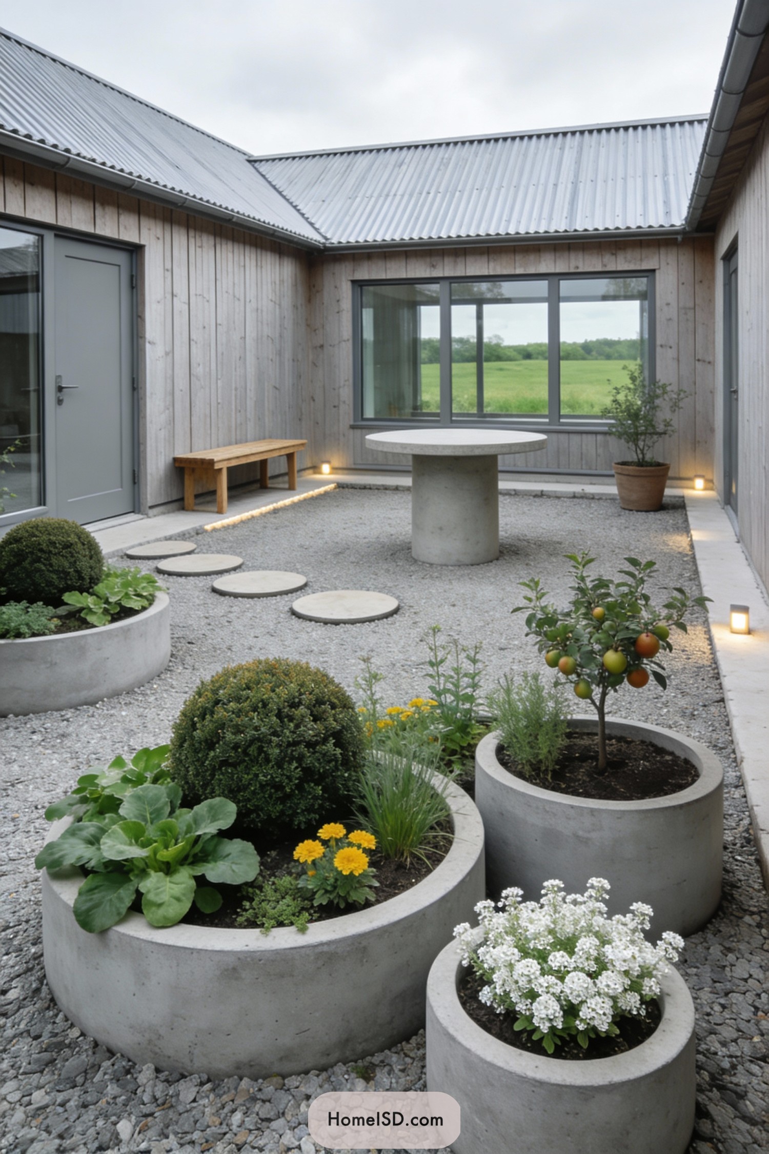 Minimalist Nordic courtyard with circular concrete planters, gravel ground, and simple wood accents