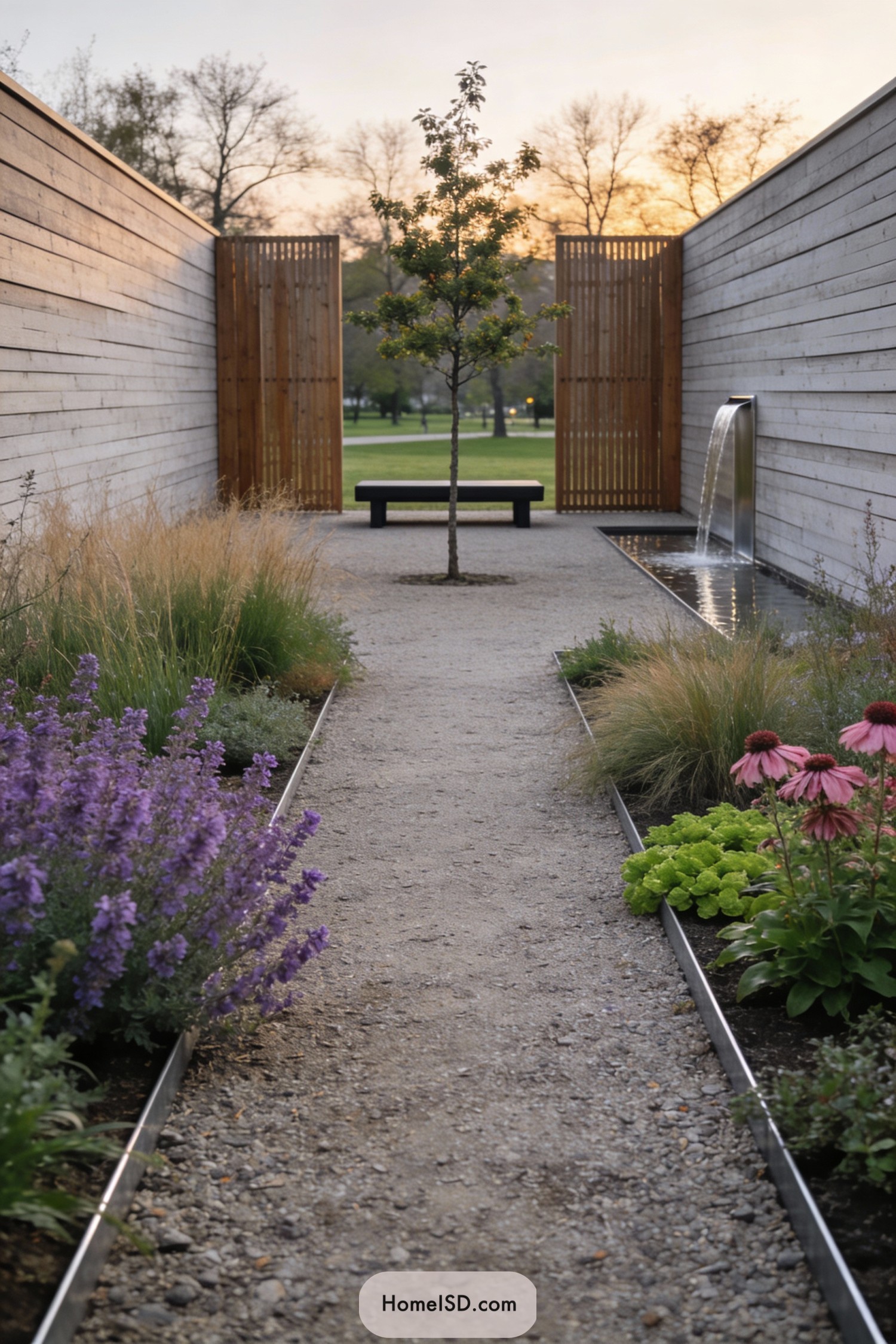 Minimal gravel garden courtyard with central tree and side water feature