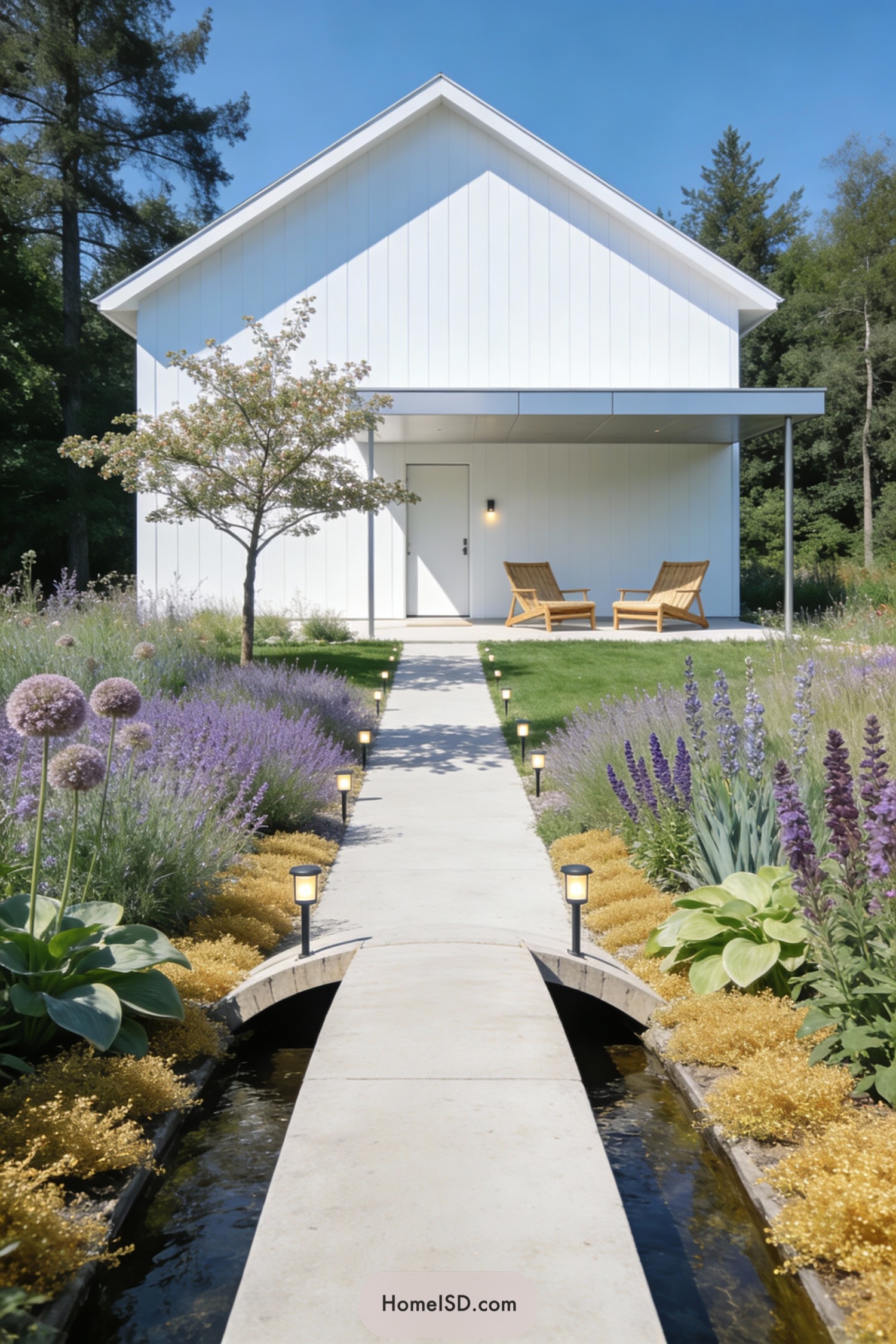 Minimal white house with concrete garden path over a narrow water channel framed by flowering perennials