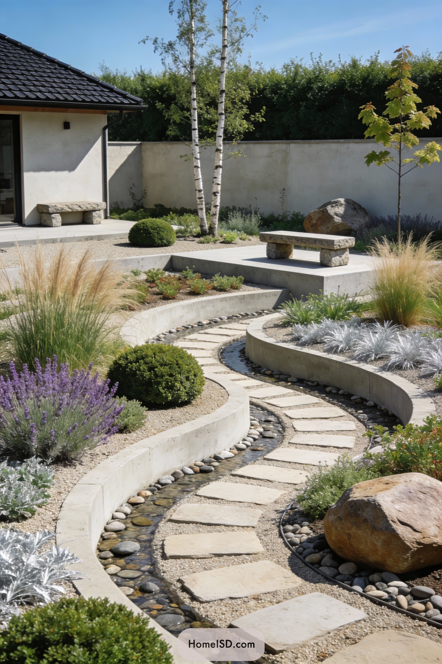 Curved stone path alongside a shallow pebble-lined rill in a minimalist Scandinavian courtyard with grasses, shrubs, and simple stone benches