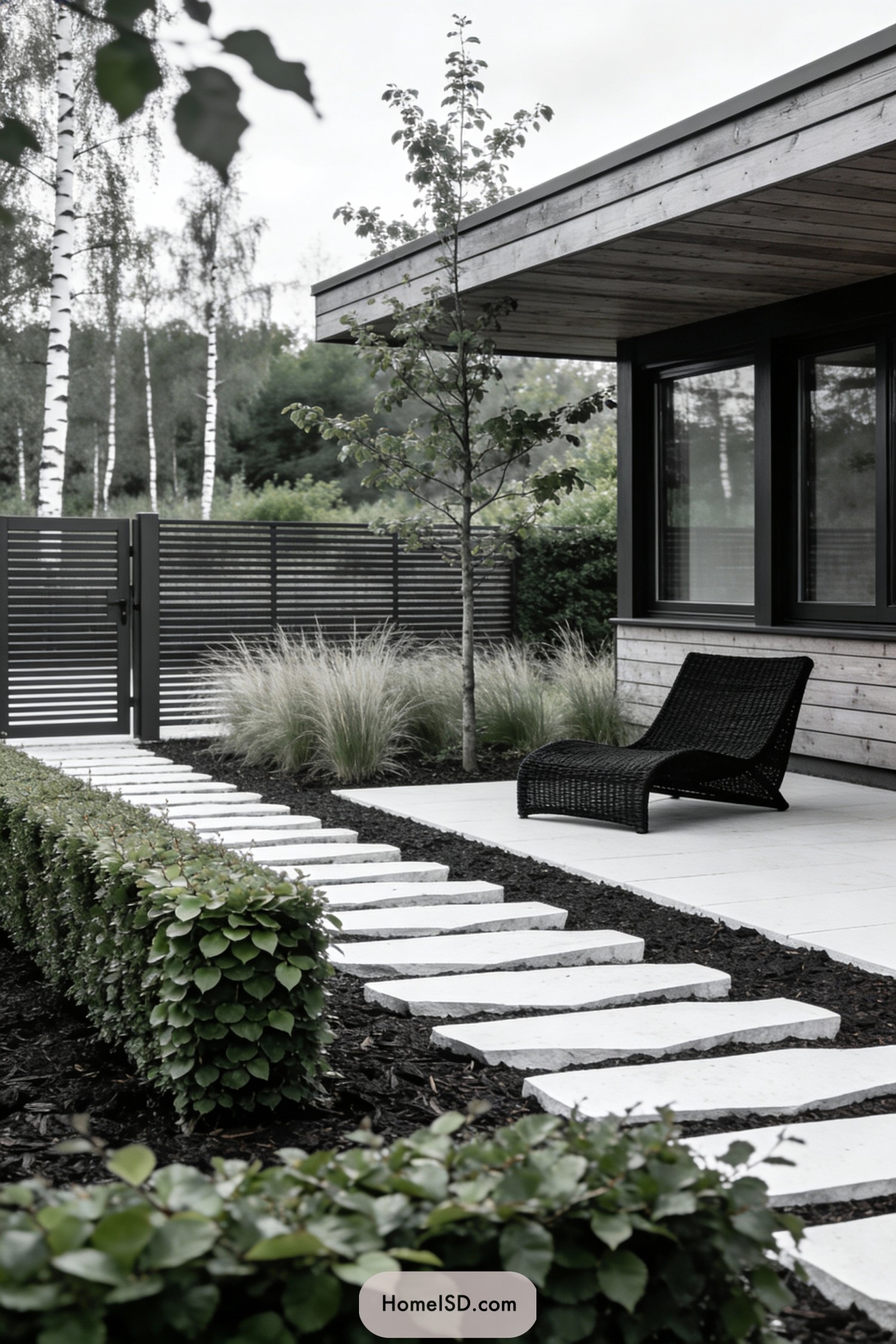 Modern Scandinavian yard with staggered stone path, black lounge chair, and sleek fencing