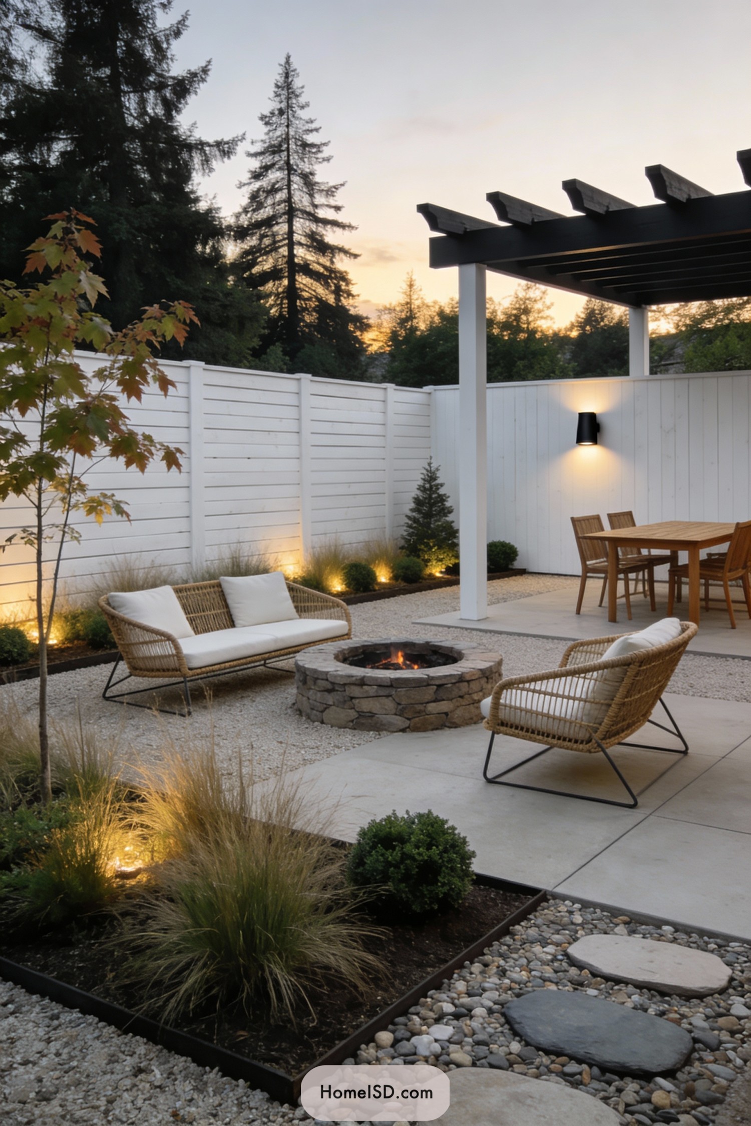 Modern Scandinavian patio with fire pit