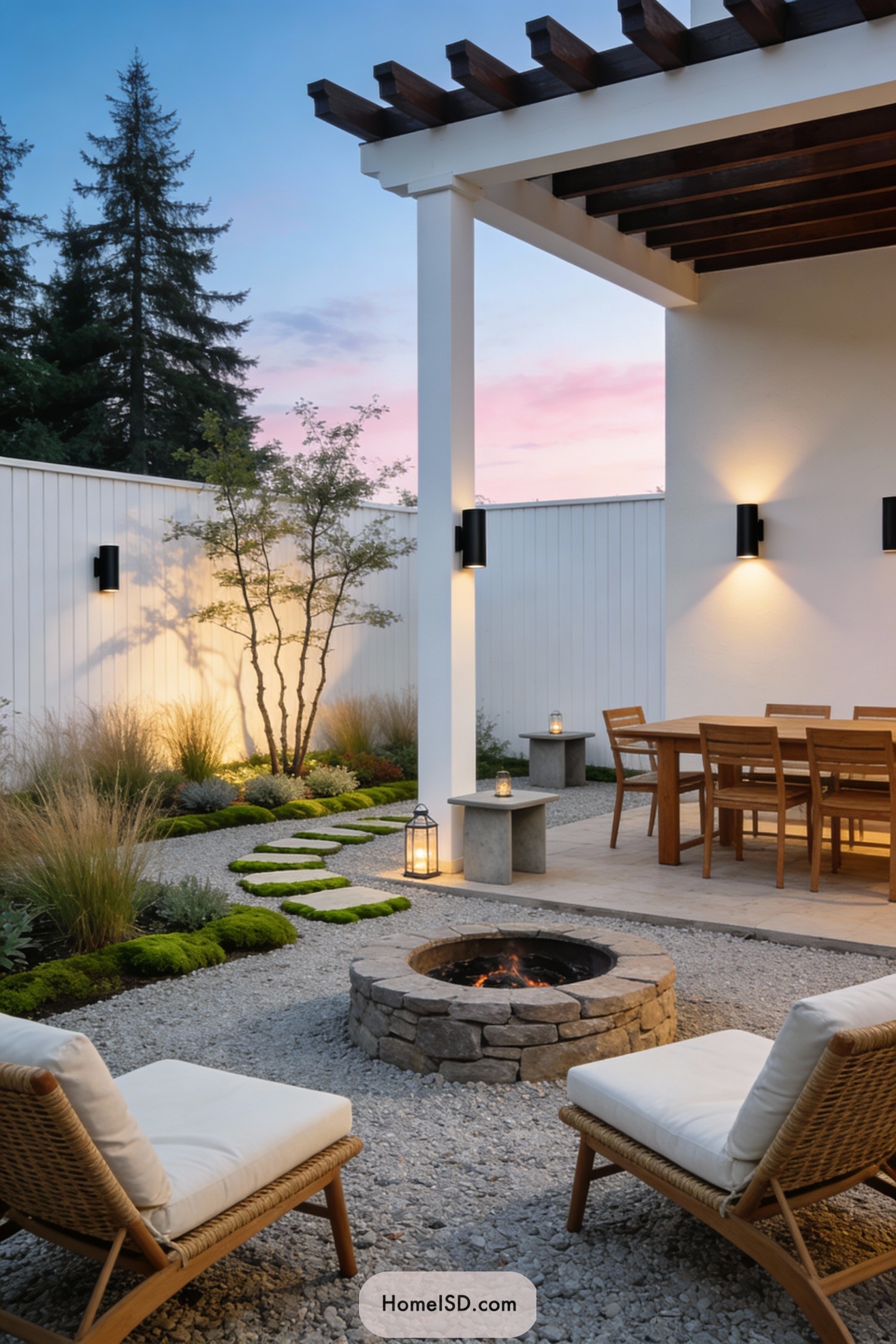 Modern Scandinavian courtyard with fire pit, dining area, and mossy stepping stones at dusk