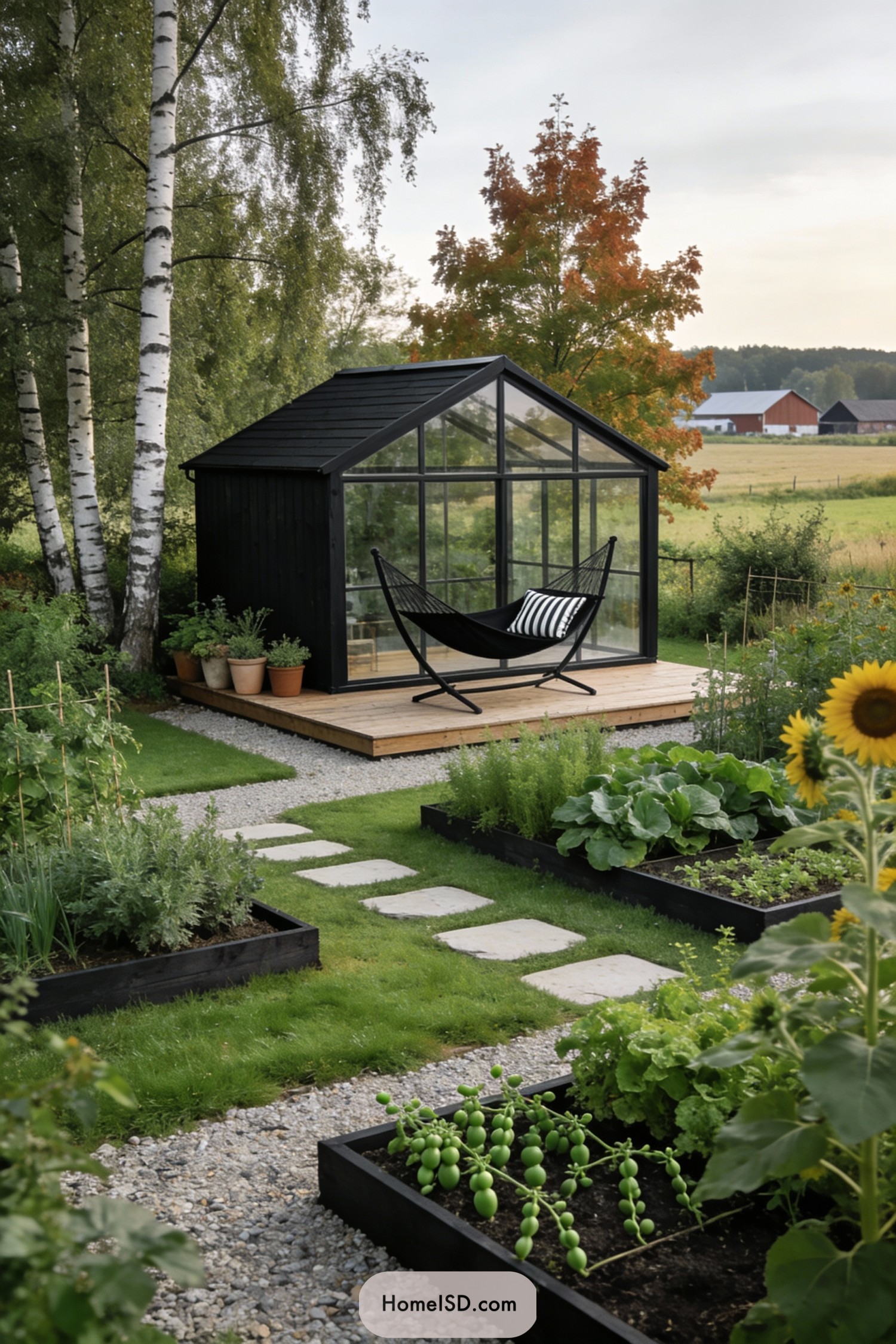 Black greenhouse with hammock in lush vegetable garden