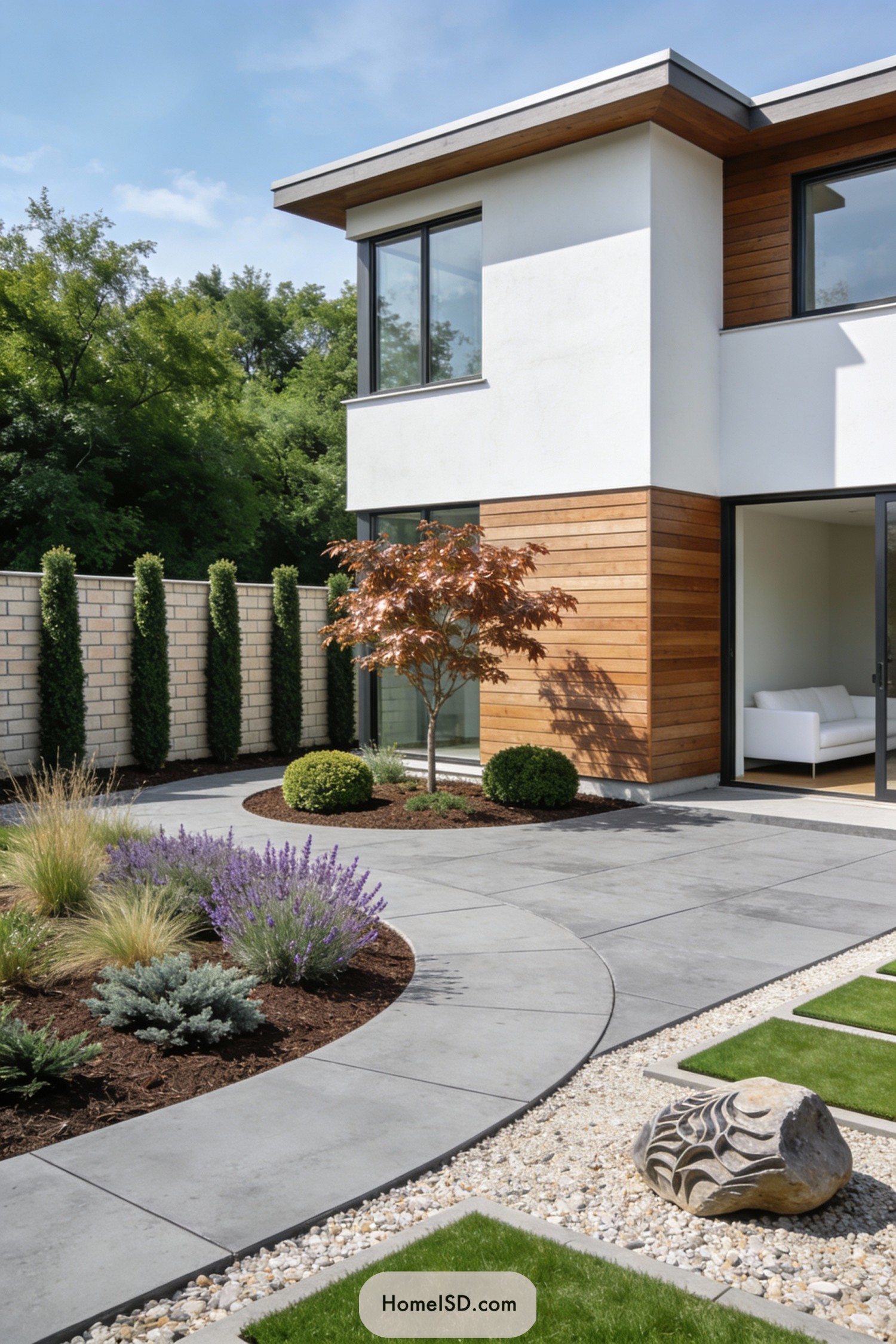 Minimalist Scandinavian courtyard with curved concrete walkways, gravel, and sculptural greenery