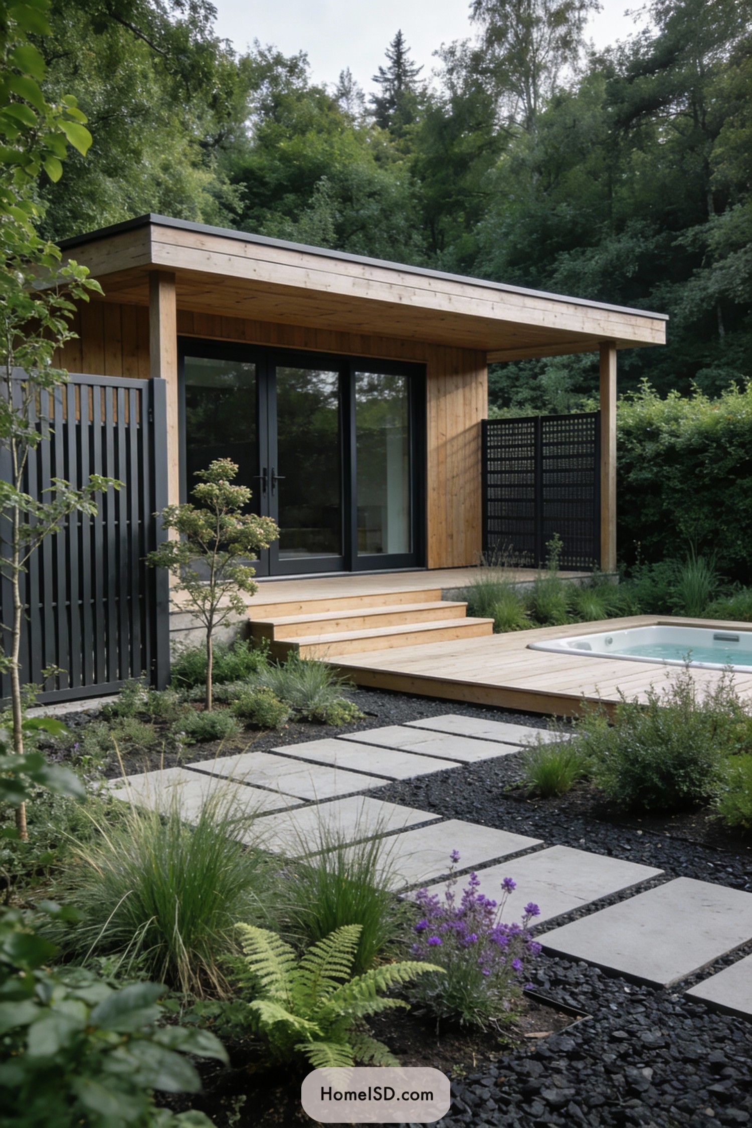 Wooden garden studio with deck, hot tub, and stone path surrounded by lush greenery