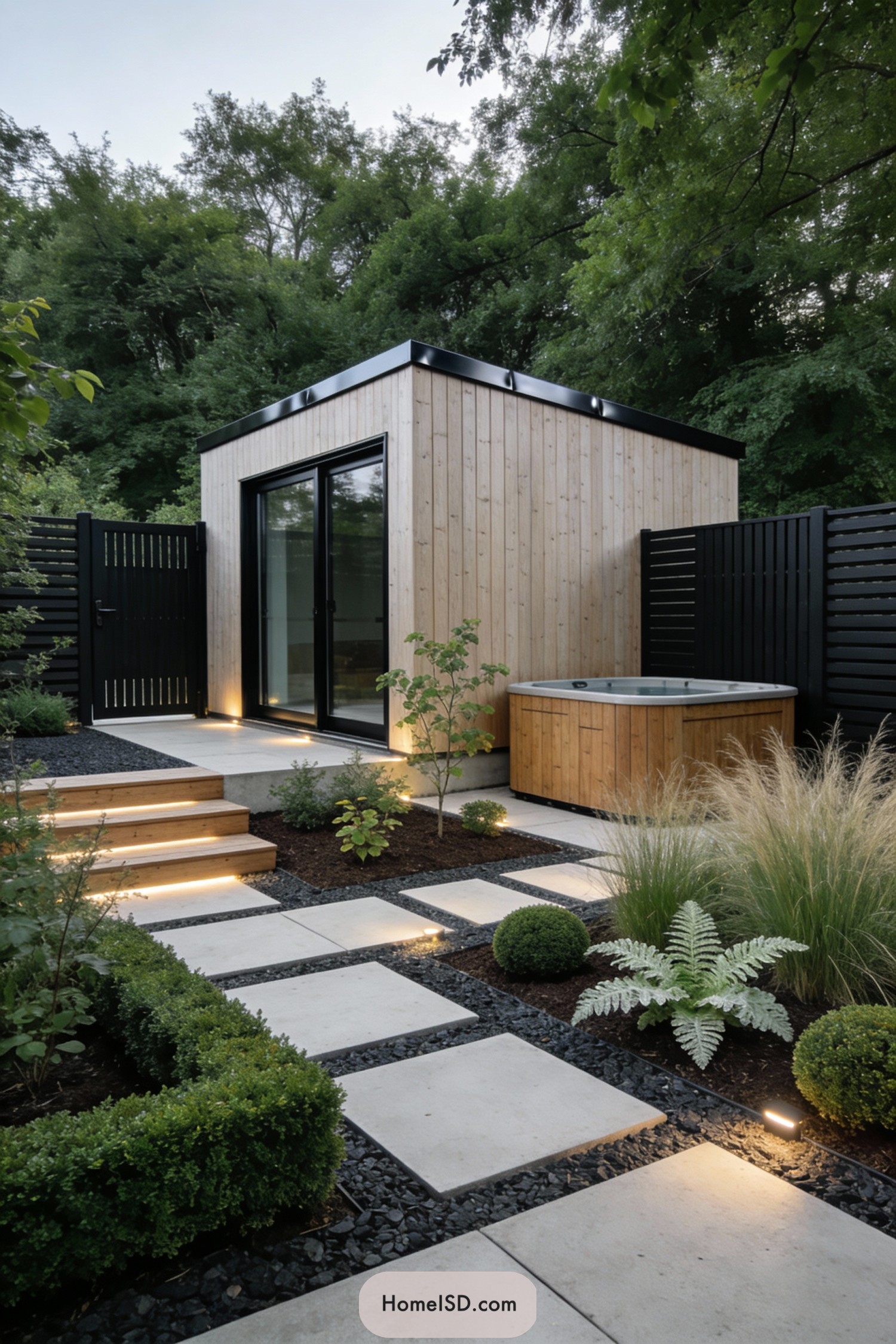 Modern backyard with wooden studio, hot tub, and lit stepping-stone path