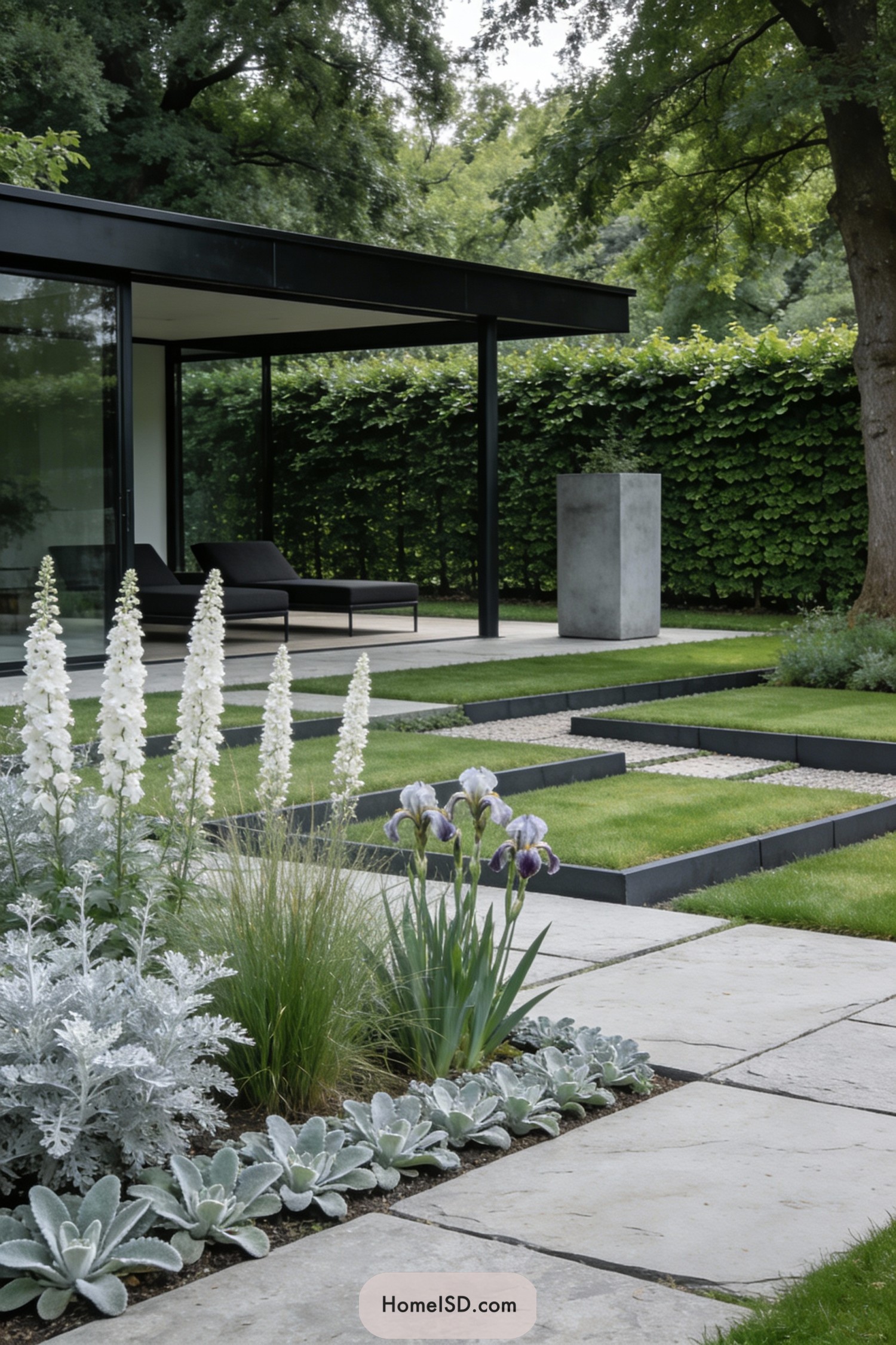 Modern Scandinavian garden with geometric lawn panels and minimalist patio seating