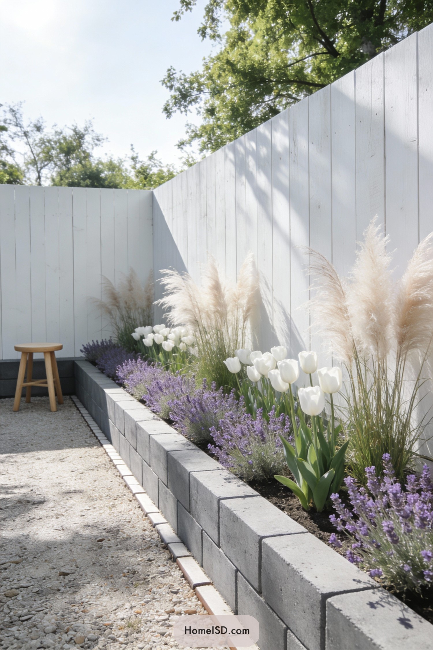 Minimalist raised bed garden with lavender, white tulips, and pampas grass along a white fence