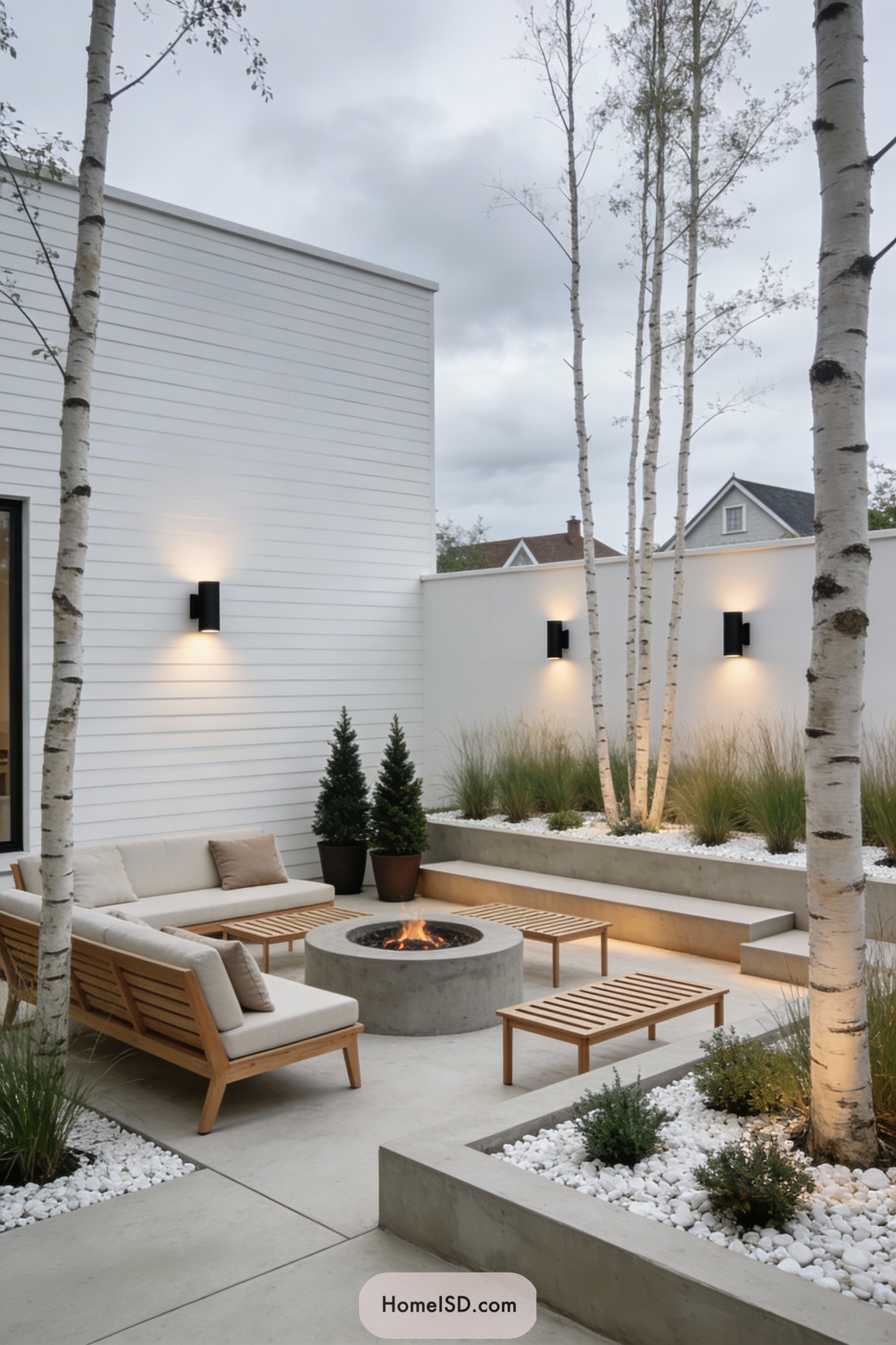 Minimalist courtyard with fire pit and birch trees
