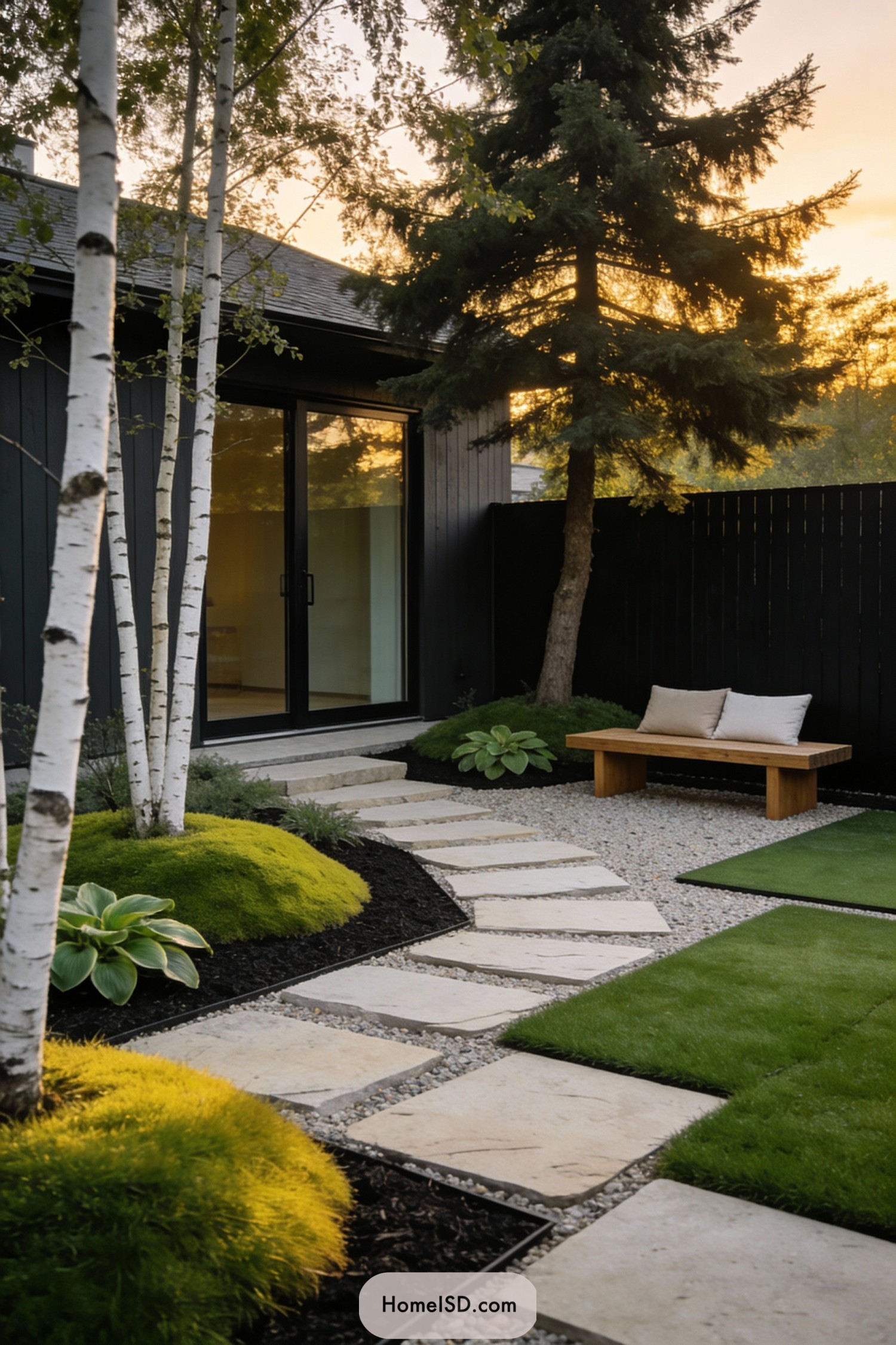 Minimalist Scandinavian courtyard with birch trees, stone path, moss mounds, and a wooden bench at sunset