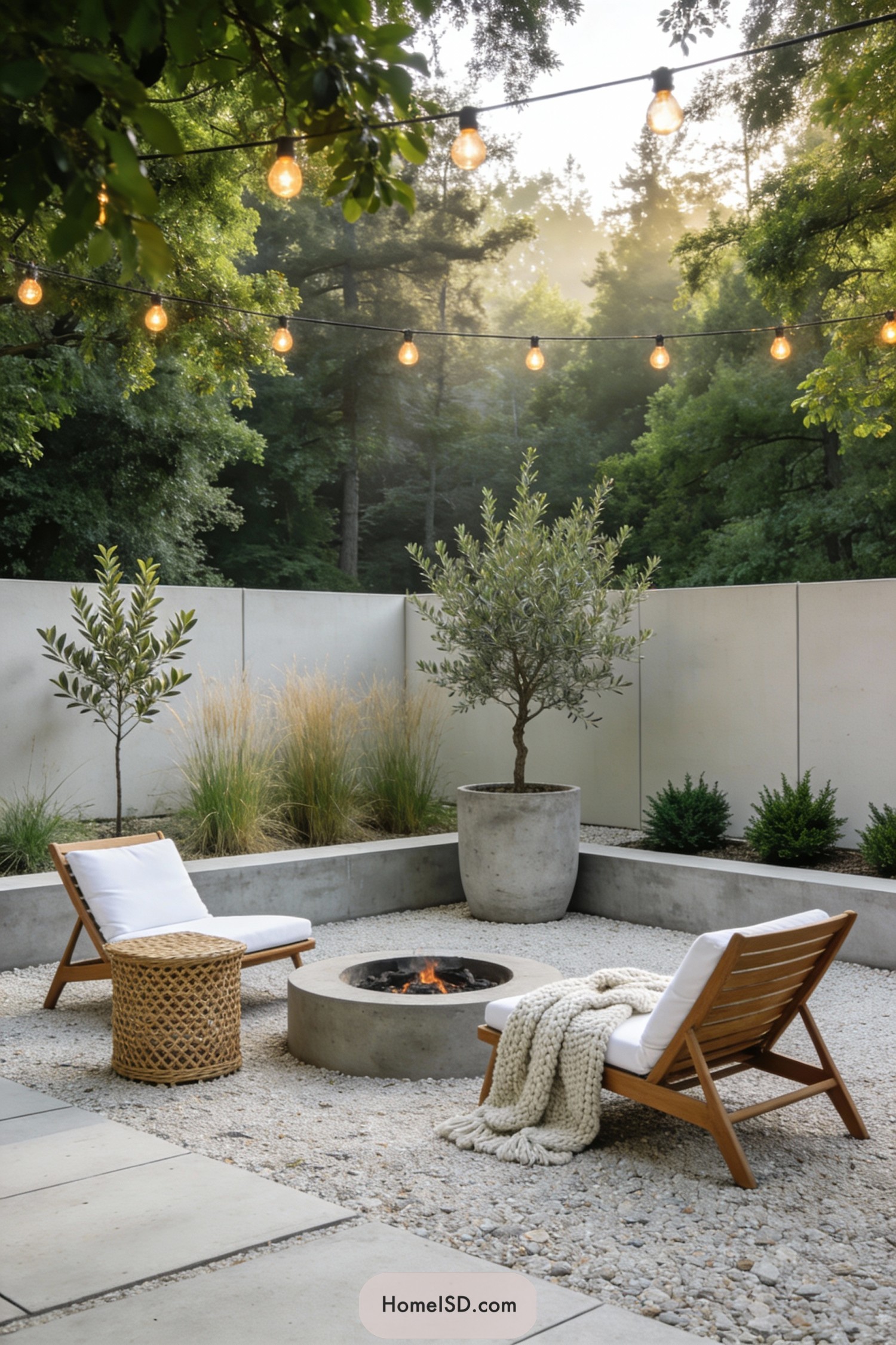 Minimalist patio with fire pit seating