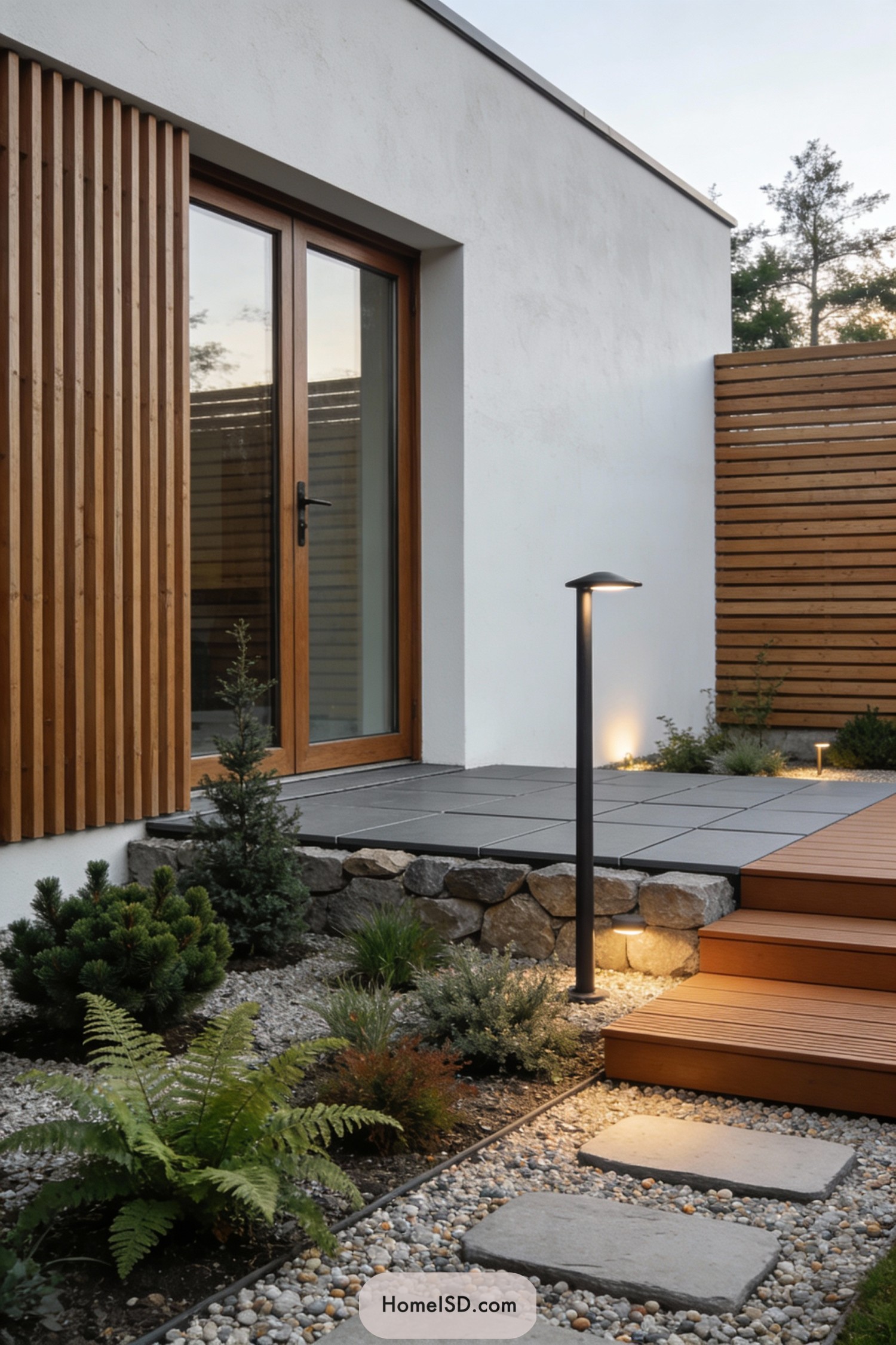 Modern Scandinavian entry terrace with gravel garden