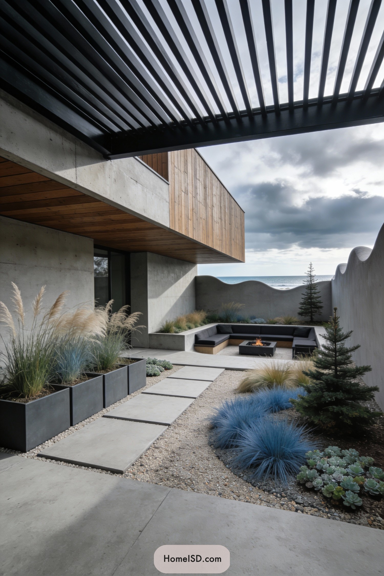 Concrete courtyard with built-in fire pit, sculpted privacy walls, and coastal grasses overlooking the sea