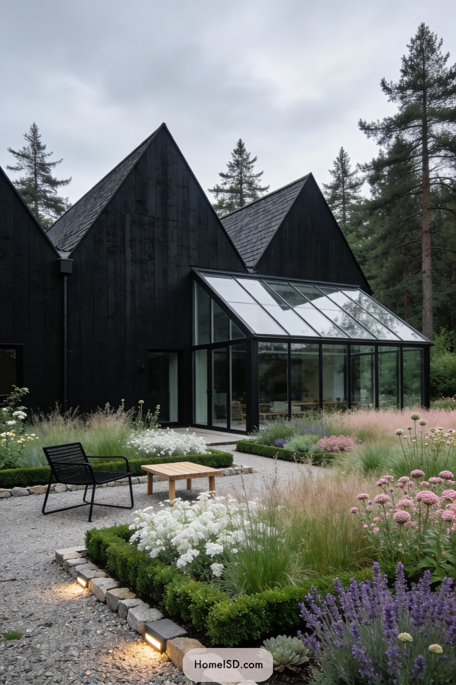 Modern black gabled house with glass sunroom and lush gravel courtyard garden