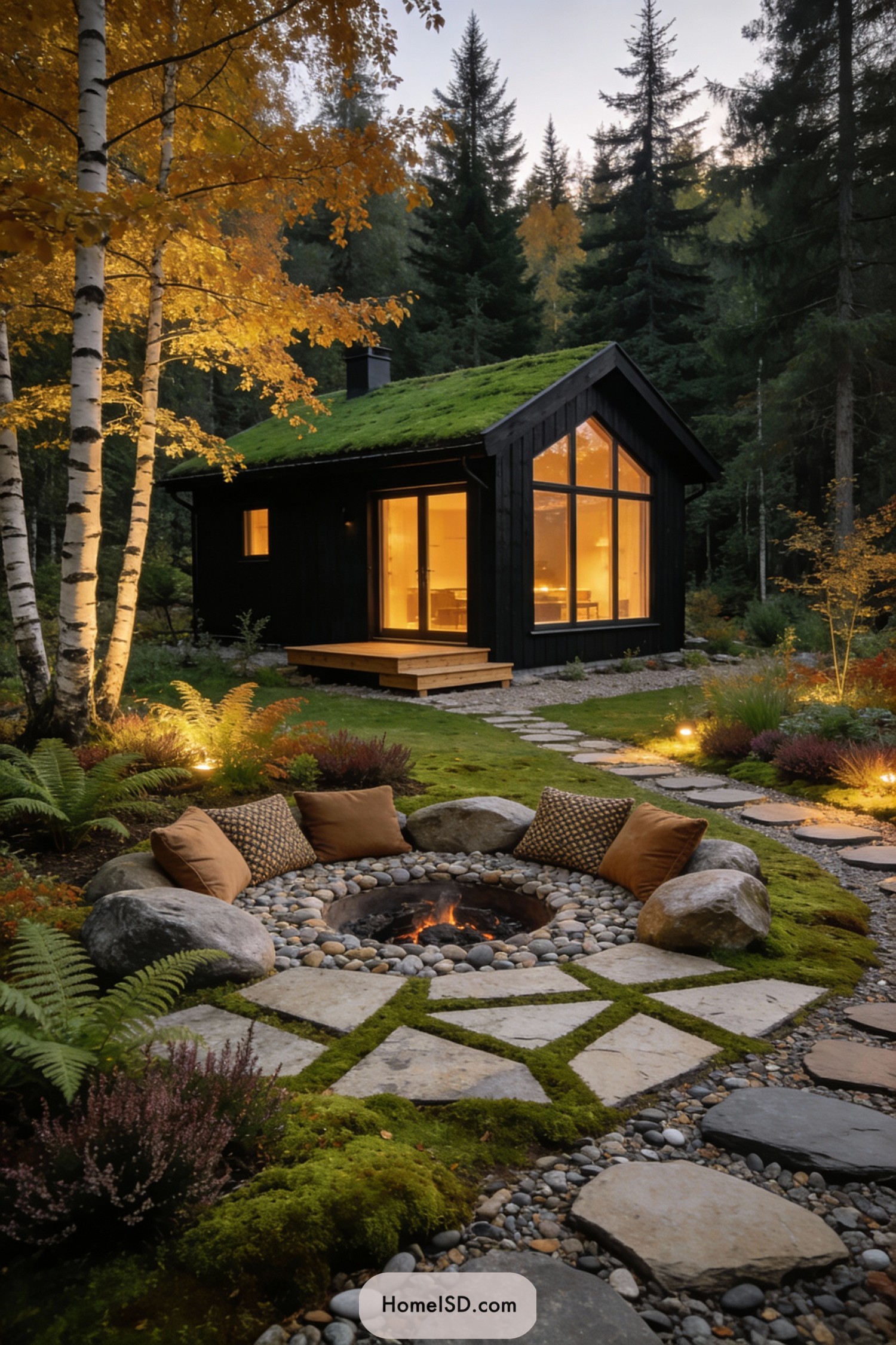 Scandinavian forest cabin with moss roof and circular stone fire pit