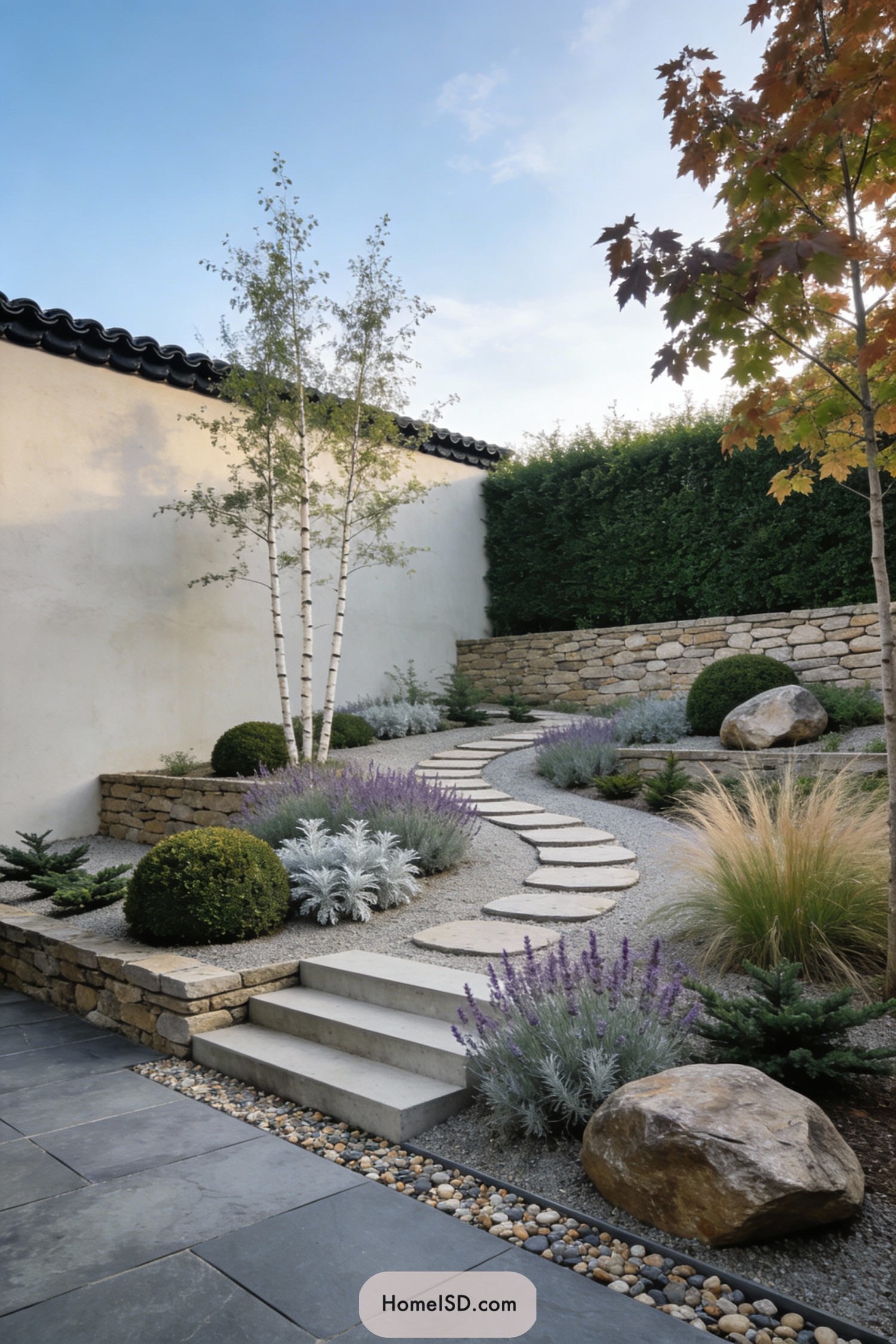 Tiered Scandinavian garden with curving stone path and birch trees